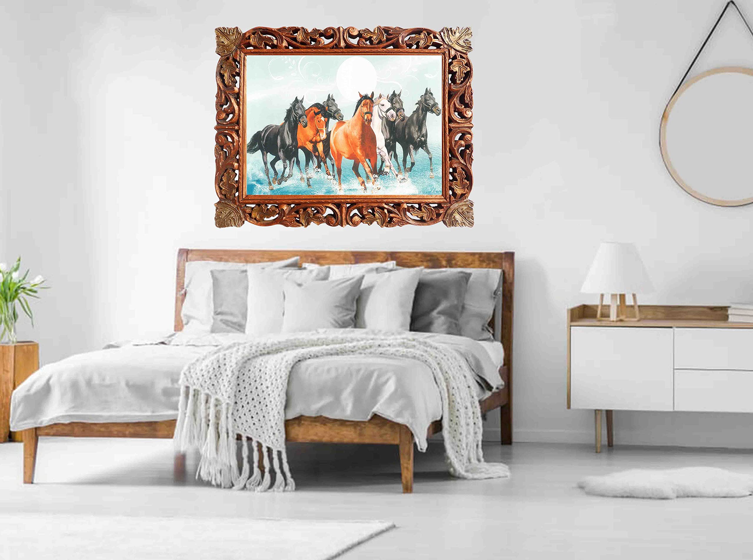 Seven Running Horses in Water Poster Print - Handcrafted Wood Framed Wall Art for Vaastu Shastra, Feng Shui Home & Office Decor - Brings Peace, Harmony & Success | Perfect for Living Room, Bedroom or Workspace