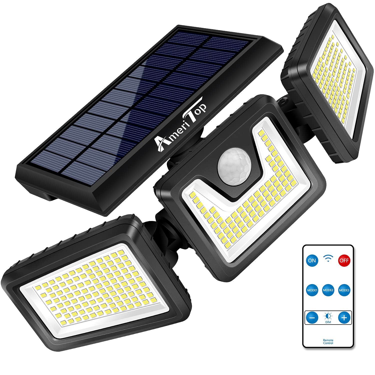 AmeriTop 300 LED Solar Security Lights Outdoor - 2200mAh Battery, 7000K Daylight, 3-Head Motion Sensor Flood Light with Remote, IP65 Waterproof - Perfect for Driveway, Garden, Patio & Backyard Safety Lighting