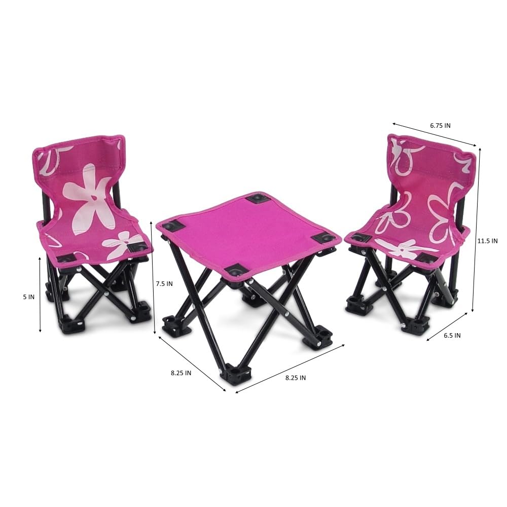 Emily Rose 18 Inch Doll 3-Piece Folding Camping Beach Sports Chair Set with Table | Compatible with 16-18
