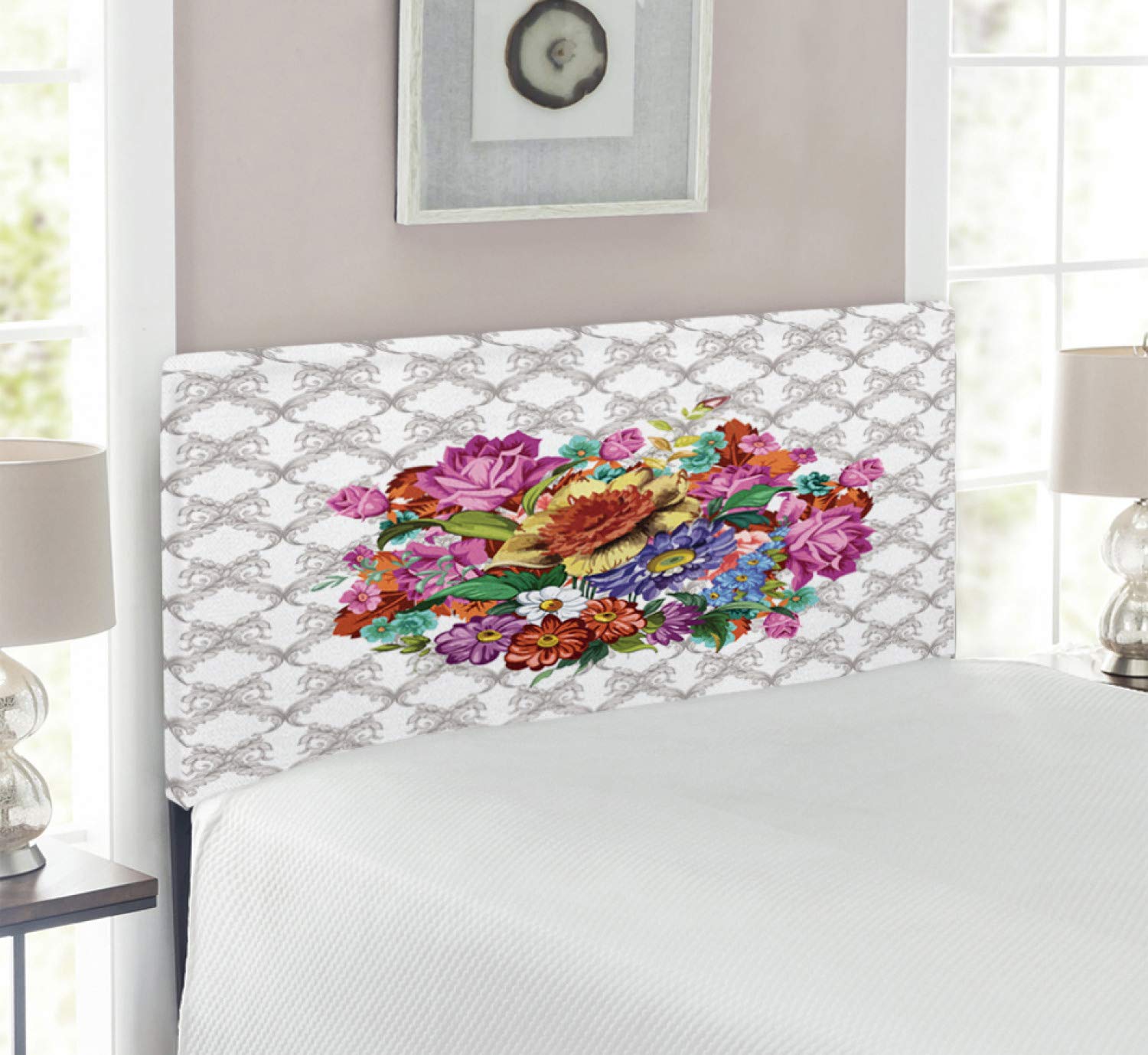 Ambesonne Floral Headboard - Vintage Colorful Doodle Flowers Bouquet Victorian Style Damask Upholstered Metal Bed Headboard with Memory Foam, Twin Size, Multicolor | Perfect for Bedroom Decor, Guest Room & Victorian-Themed Interiors