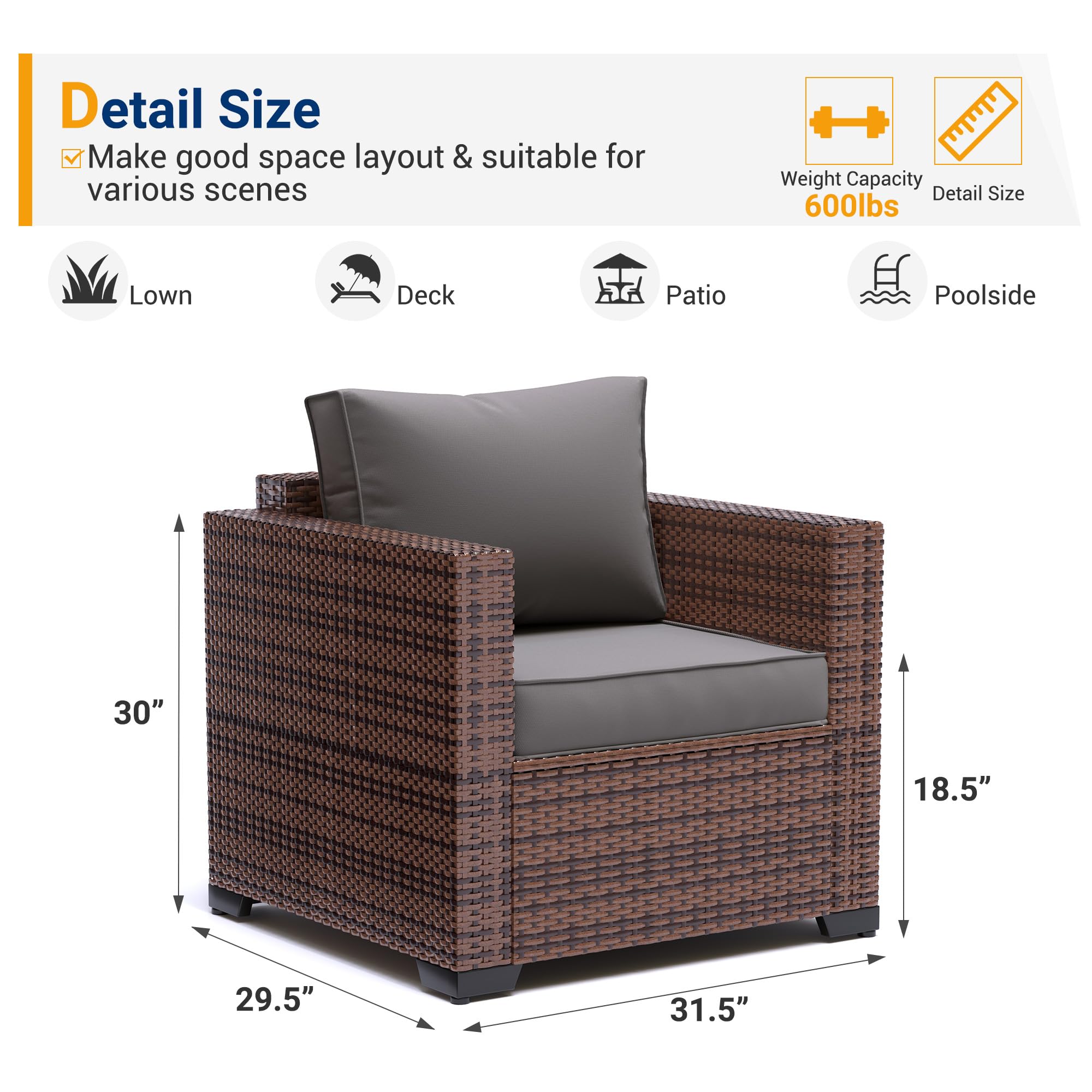 UDPATIO All-Weather Outdoor Wicker Single Sofa - Patio Rattan Sectional Couch with Non-Slip Cushion, Deep Seating & High Back - Perfect for Garden, Poolside, and Backyard Relaxation
