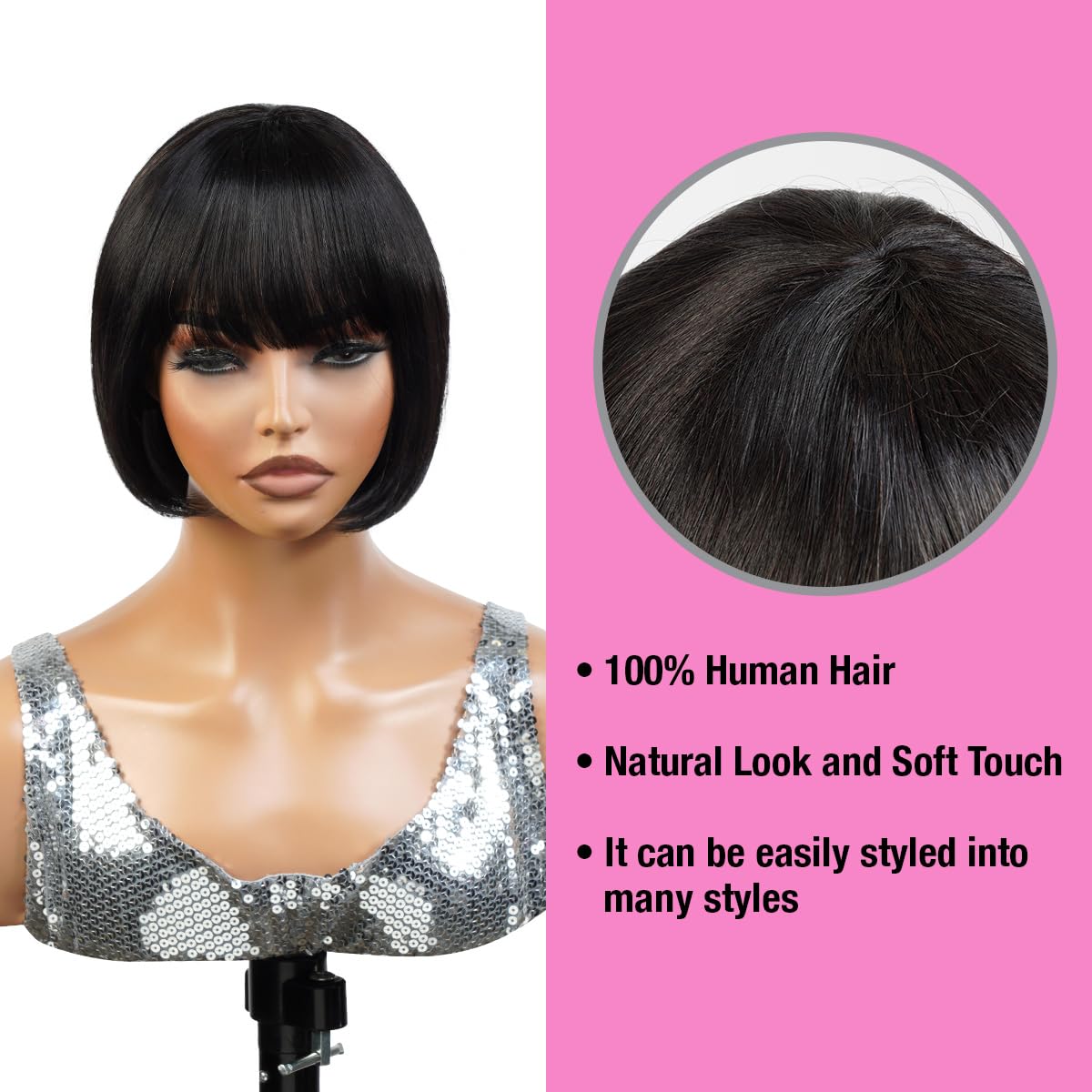 Instant Fab Short Human Hair Wigs - Pixie Cut with Bangs for Black Women | Tourmaline (TL34/51) | Layered Non-Lace Front Wig for Everyday Wear & Special Occasions
