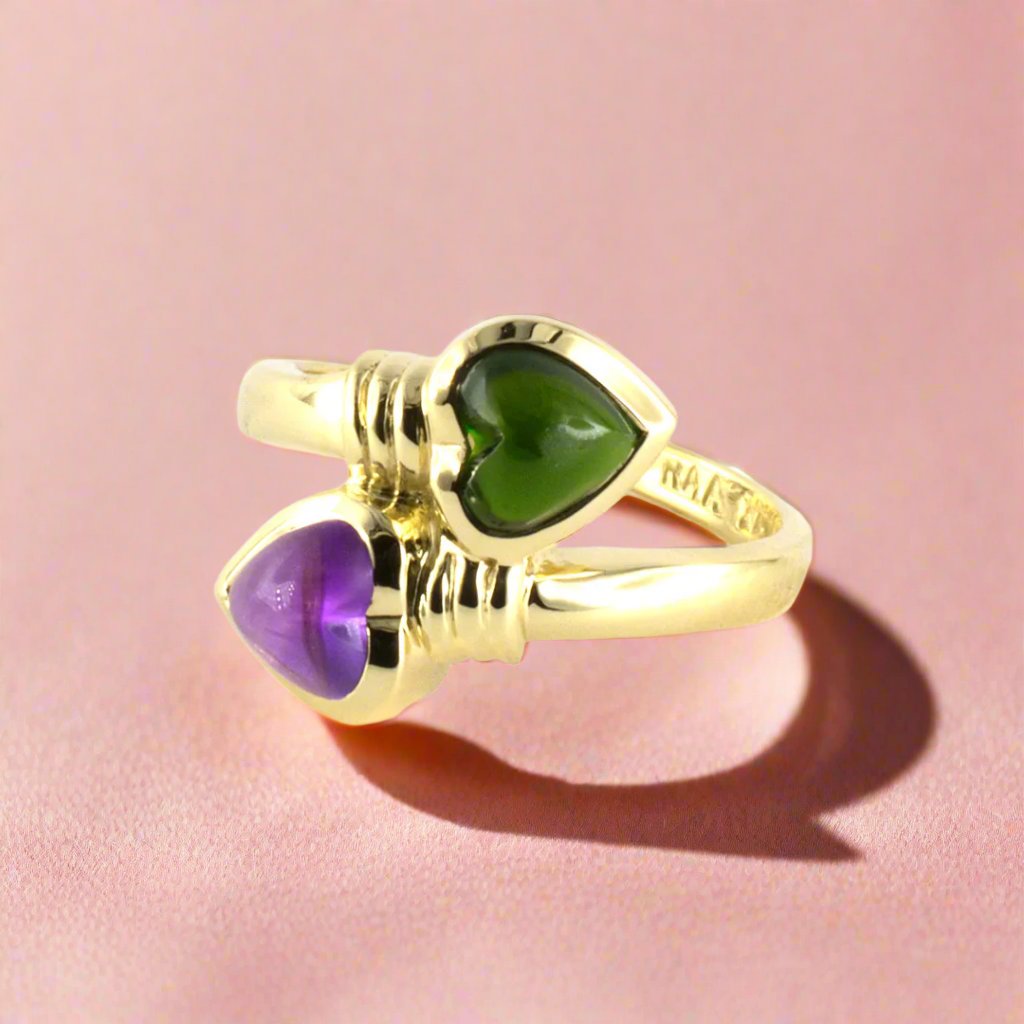 Green Tourmaline & Amethyst Heart Bypass Ring - Elegant Gemstone Jewelry for Women | Perfect for Valentine's Day, Anniversary & Romantic Gifts