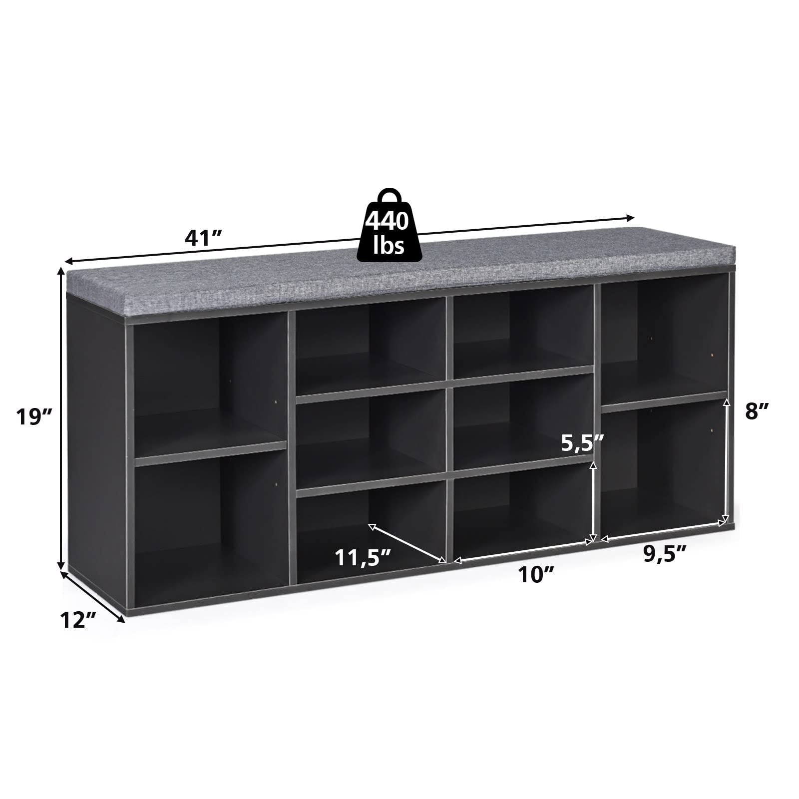 Giantex Shoe Storage Bench with Cushion - 10-Cubbies Adjustable Entryway Shoe Rack Organizer for Living Room, Bedroom, Hallway & Closet | Perfect for Small Spaces & Home Organization (Grey)