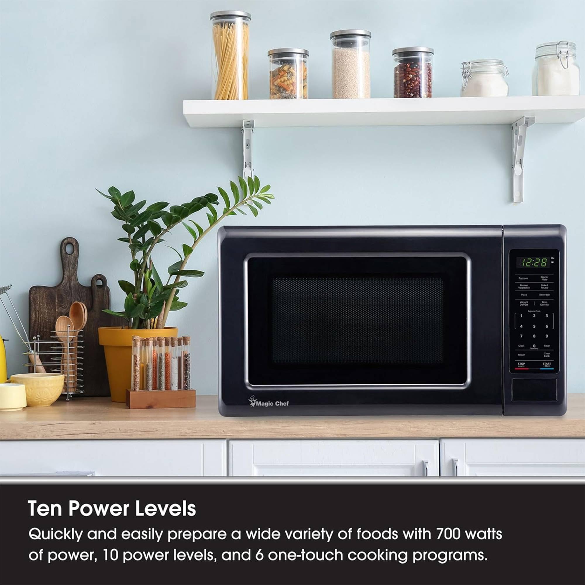 Magic Chef 0.9 Cu Ft 900W Compact Stainless Steel Countertop Microwave Oven - 6 Pre-Programmed Cooking Modes, Black | Perfect for Small Kitchens, Dorms, Offices & RVs