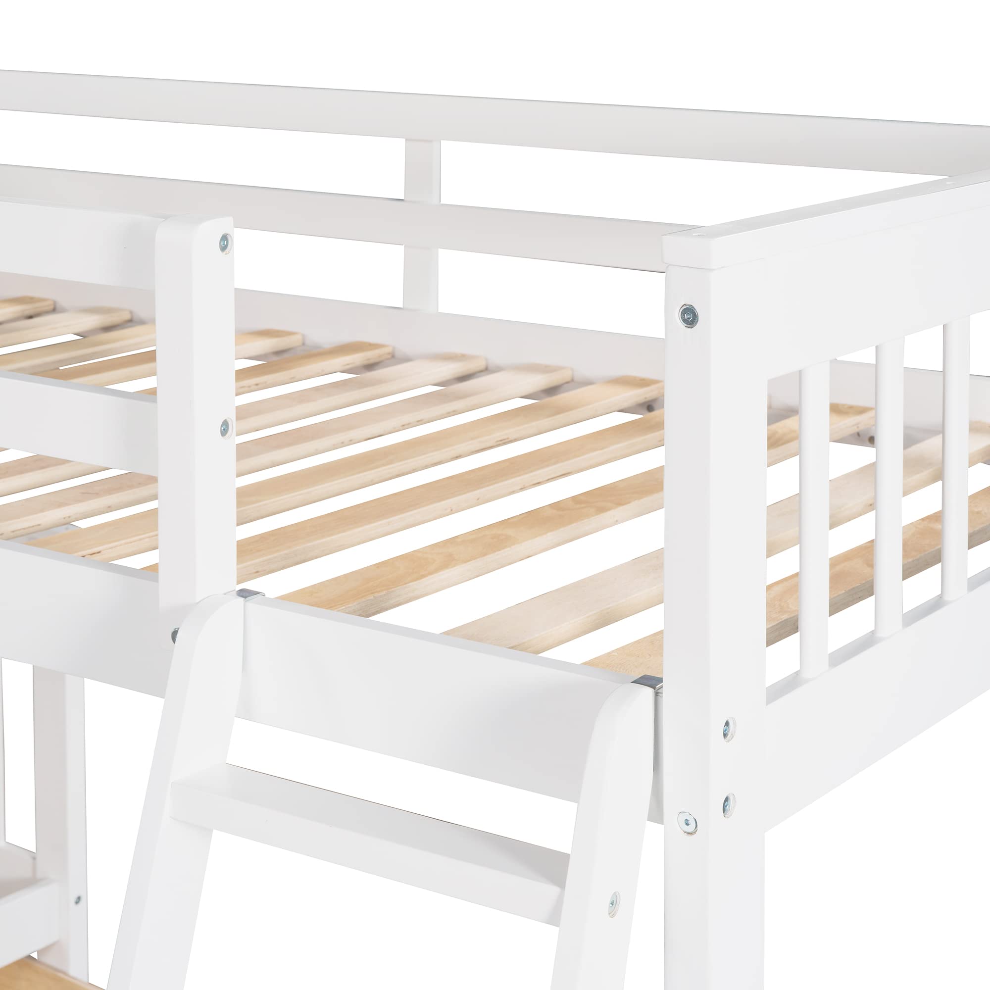 L-Shaped Triple Bunk Bed with Stairs & 3 Storage Drawers - Twin Over Full Bunk Bed with Loft - Solid Wood Bunk Bed Frame for Kids, Teens & Adults - Space-Saving Bedroom Furniture (White) | Perfect for Small Rooms, Shared Kids' Bedrooms & Vacation Homes