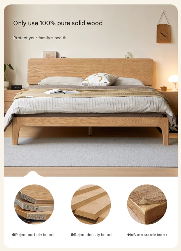 Solid Oak Rubber Wood Bed - Modern Nordic Style Queen/King Size Bed Frame for Bedroom, Living Room & Guest Room