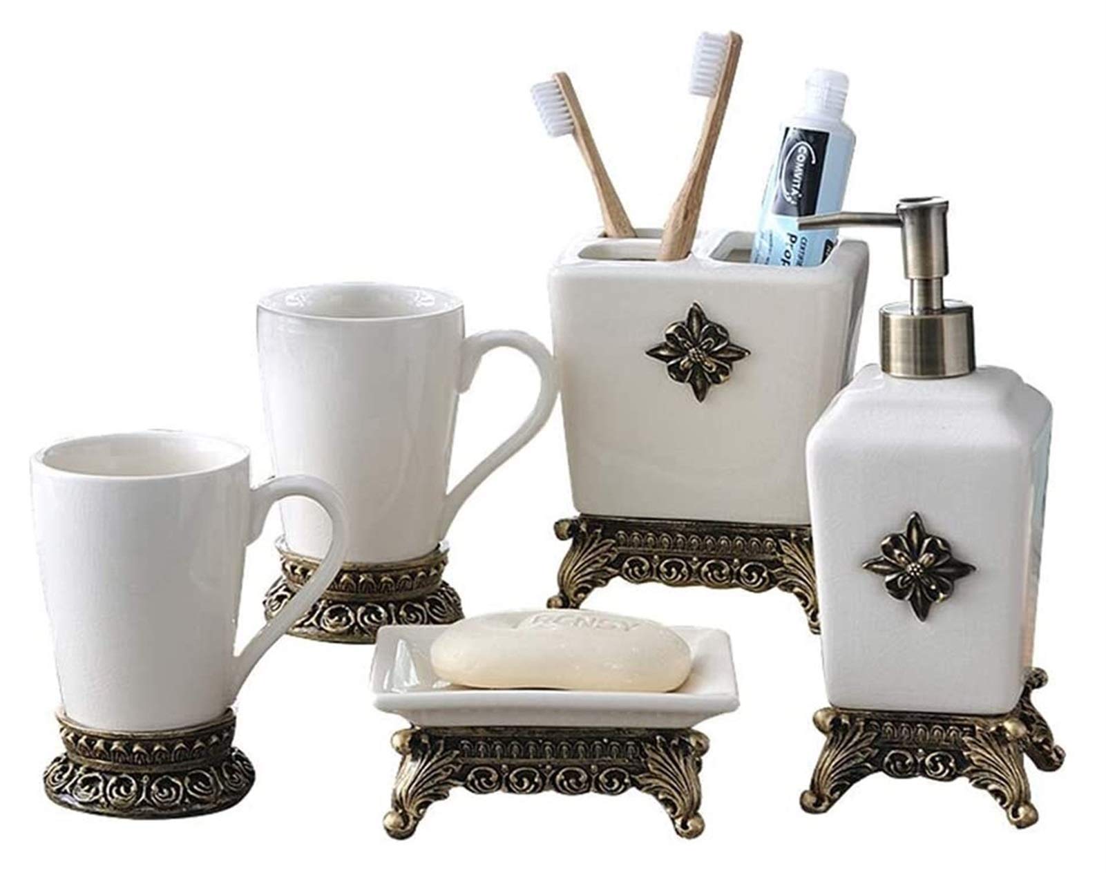 Premium Ceramic Soap Dispenser Set - 5-Piece Bathroom Accessories Kit with Toothbrush Holder, Soap Dish, Pump Bottle & Cup - Elegant Resin Base for Hotel, Spa & Home Decor - Perfect for Modern Bathrooms & Guest Rooms