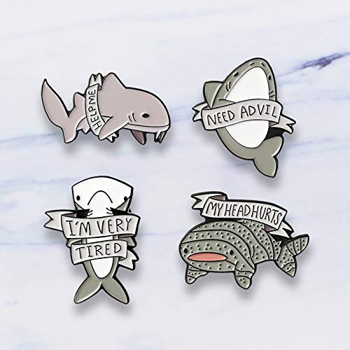 4Pcs Cute Cartoon Enamel Pin Set - Punk Brooches Lapel Pins for Women Girls Kids | Costume Decoration, Clothing & Bag Accessories | Shark Design | Perfect for DIY Crafts, Gifts & Fashion Outfits