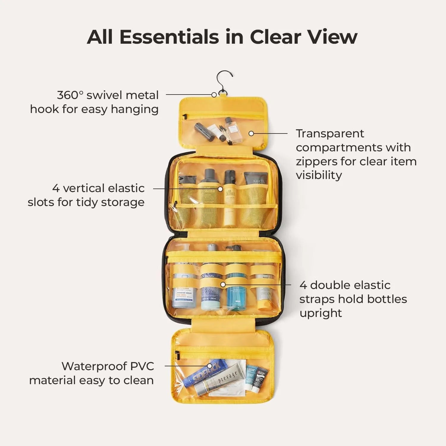 Paz Hanging Toiletry Bag for Travel - Waterproof Cosmetic Organizer with Multiple Pockets - Perfect for Bathroom, Camping & Gym Essentials Storage