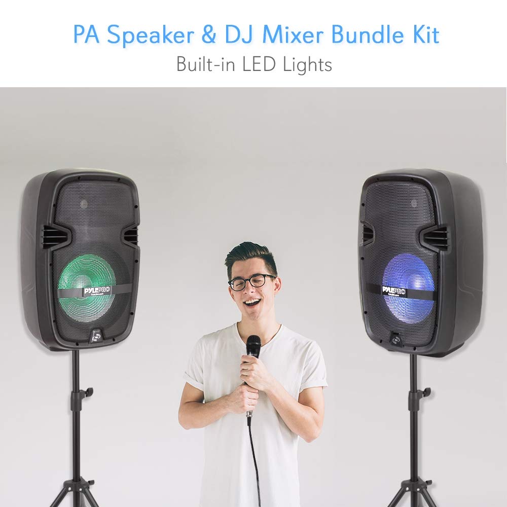 Pyle PA Speaker DJ Mixer Bundle - Portable Wireless Bluetooth Sound System with USB, SD, XLR & 1/4