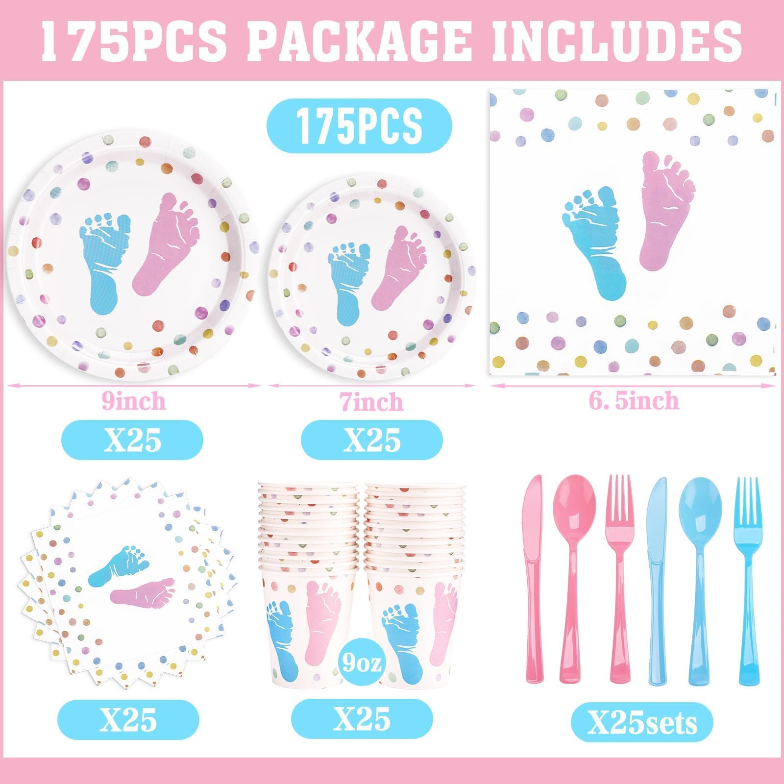 175-Piece Gender Reveal Party Supplies Set - 25 Disposable Plates & Napkins for Baby Shower (Pink & Blue) - Perfect for Gender Announcement Parties, Baby Showers & Celebrations