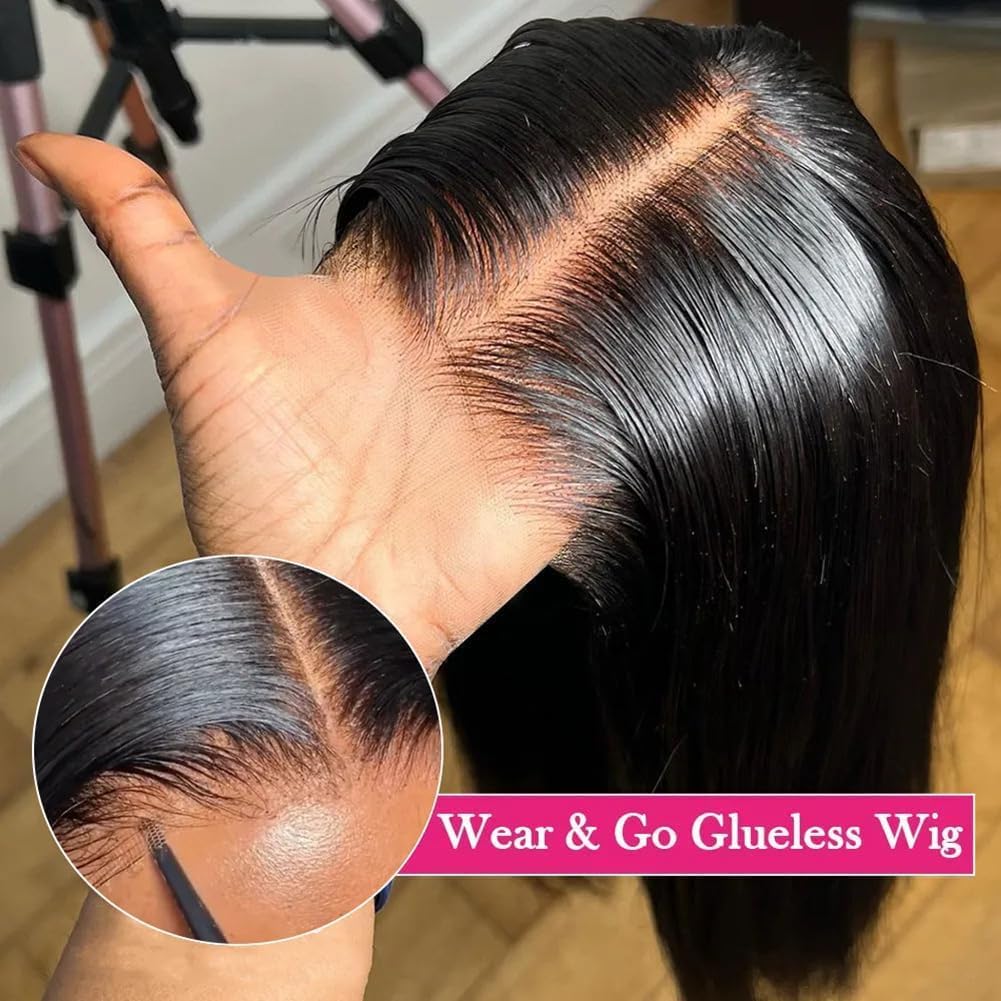 Glueless Human Hair Wig 16 Inches Straight Brazilian Virgin Hair - Pre-Cut HD Lace Wig with Bleached Knots, Natural Black Color for Women | Beginner Friendly No Glue Wig for Daily Wear, Parties & Special Occasions