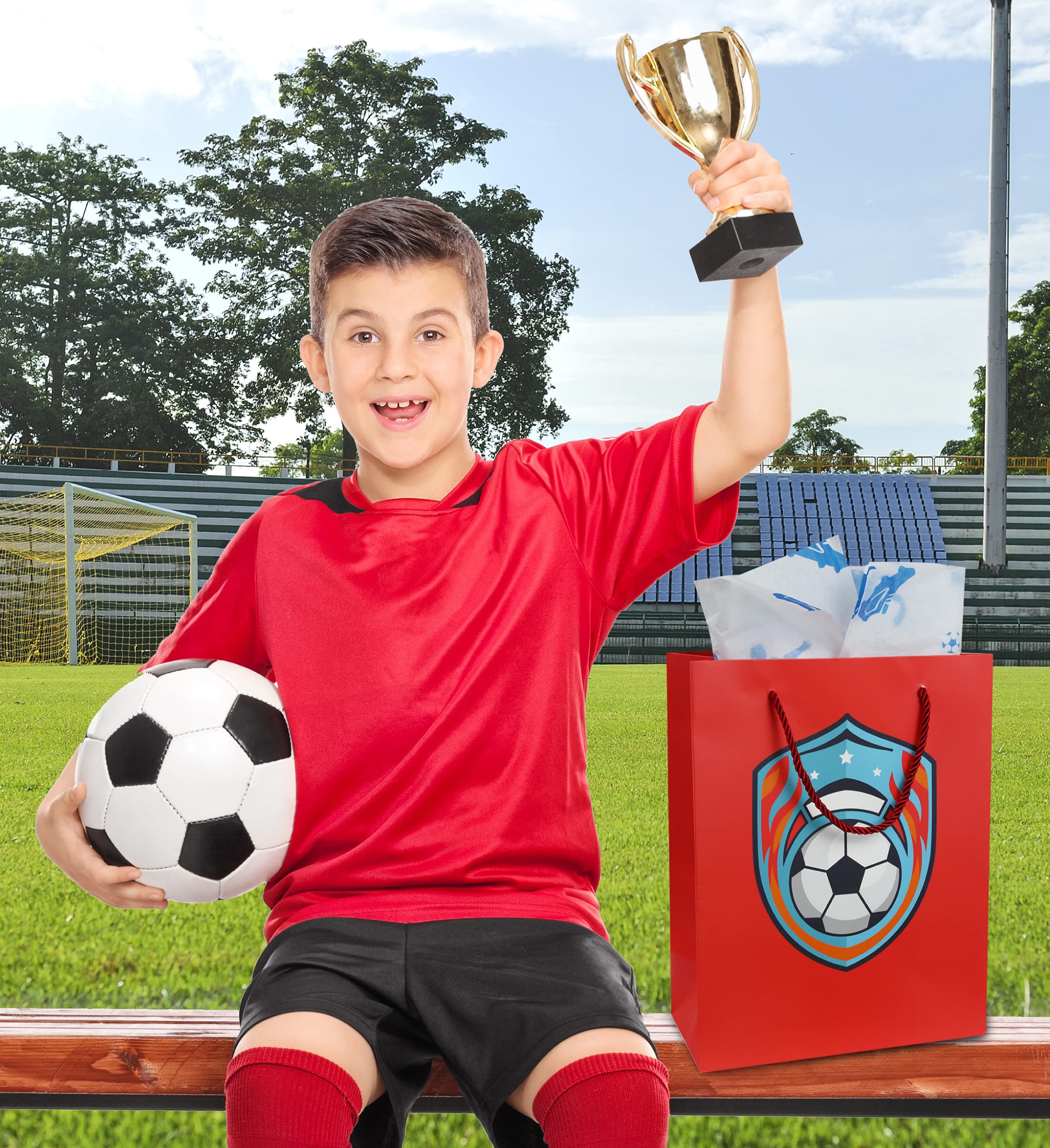 Premium Red Soccer Gift Bags with Tissue Paper - 13 Inch Large Reusable Paper Gift Bags with String Handles for Soccer Birthday Party Decorations, Sports Themed Gifts, and Team Celebrations - Perfect for Soccer Lovers, Coaches, and Players