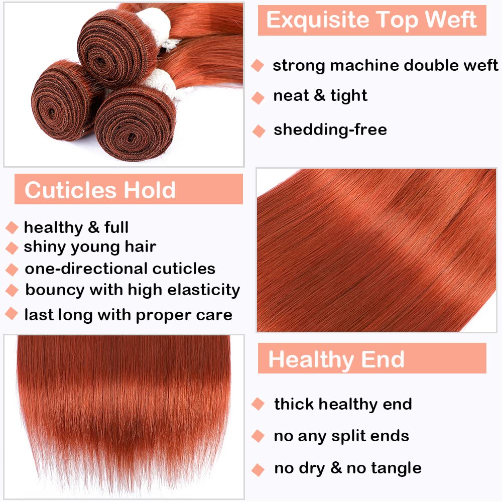 Brazilian Straight Remy Human Hair Bundles with 4x4 Transparent Lace Closure - Burnt Orange #350 (18 20 22 + C18) | Natural Looking Hair Extensions for Daily Wear, Parties & Special Occasions