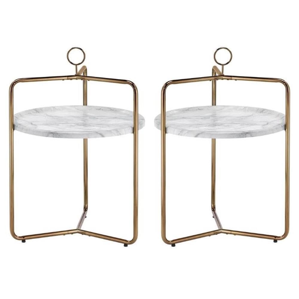 White & Gold Faux Marble Metal Side Table Set of 2 - Modern Accent End Tables for Living Room, Bedroom, or Office Decor