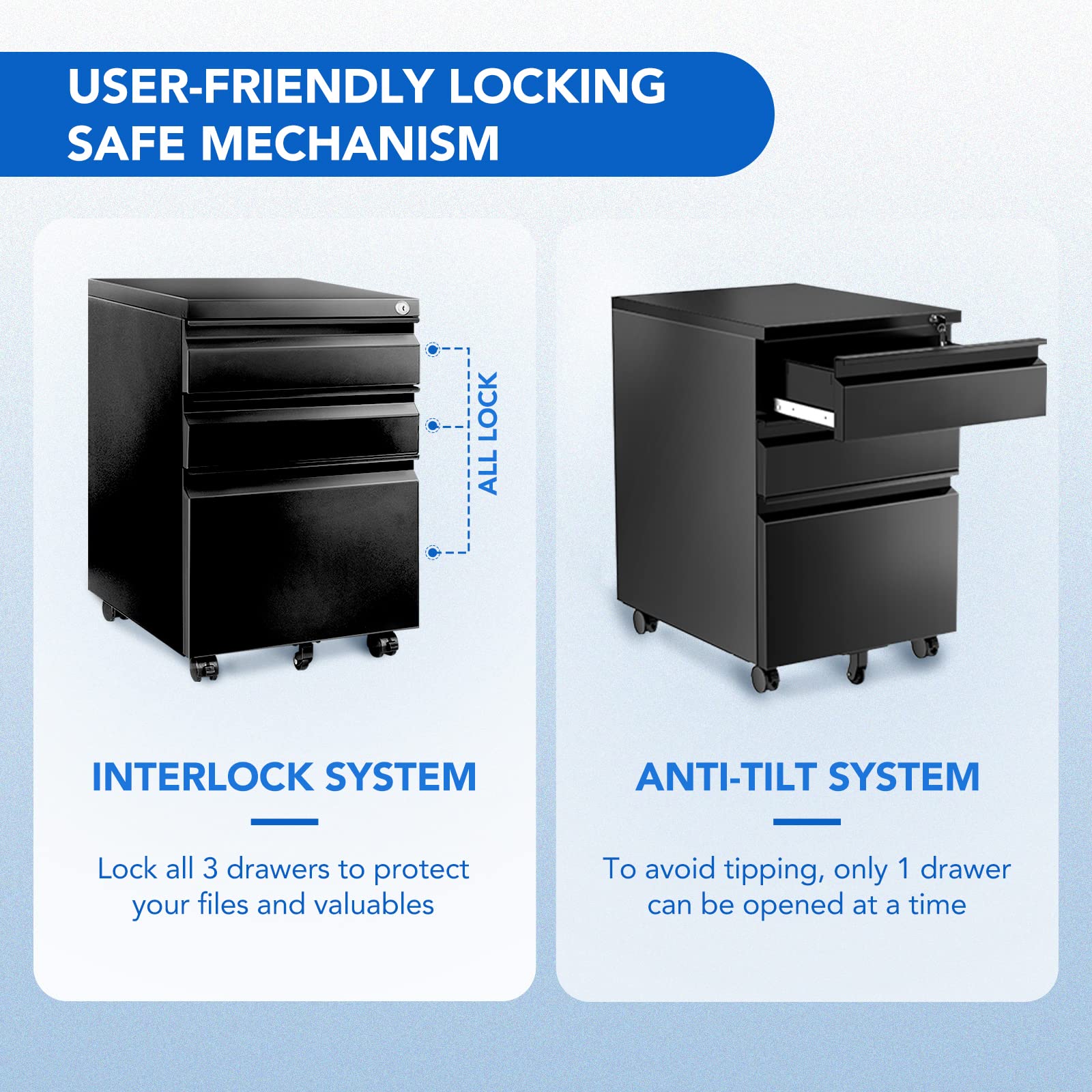 FLEXISPOT 3-Drawer Metal File Cabinet with Lock - Mobile Under Desk Storage for Legal/Letter/A4 Files - Fully Assembled Home Office Organizer (Black) - Perfect for Small Spaces & Document Management