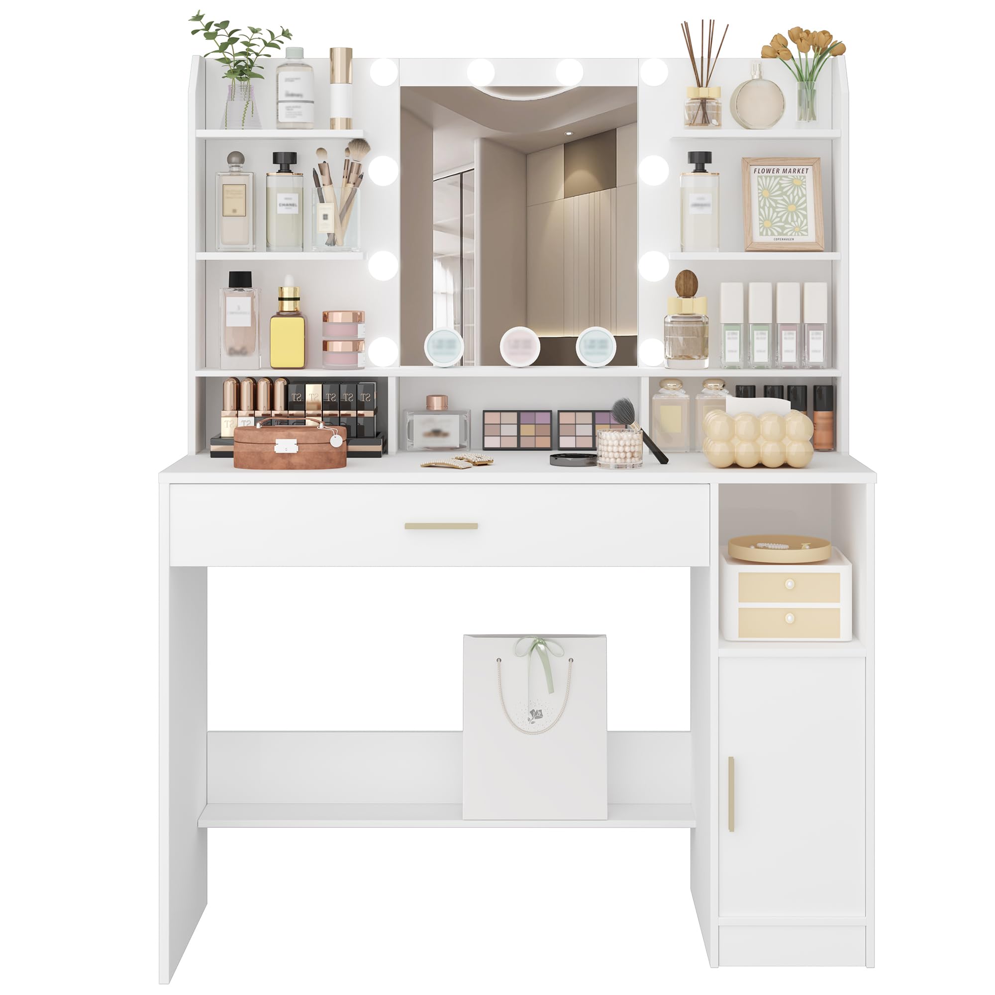 Vanity Desk with Mirror & 10 LED Lights - 3-Level Adjustable Brightness, Makeup Dressing Table with Hidden/Open Shelves & Oversized Drawers - Perfect for Bedroom, Dorm, Apartment (White)