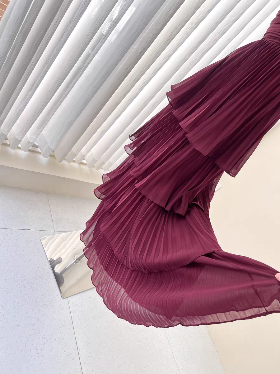 Elegant Burgundy Strapless Chiffon Pleated Tiered Long Evening Dress for Prom, Wedding & Formal Events - Style J6734