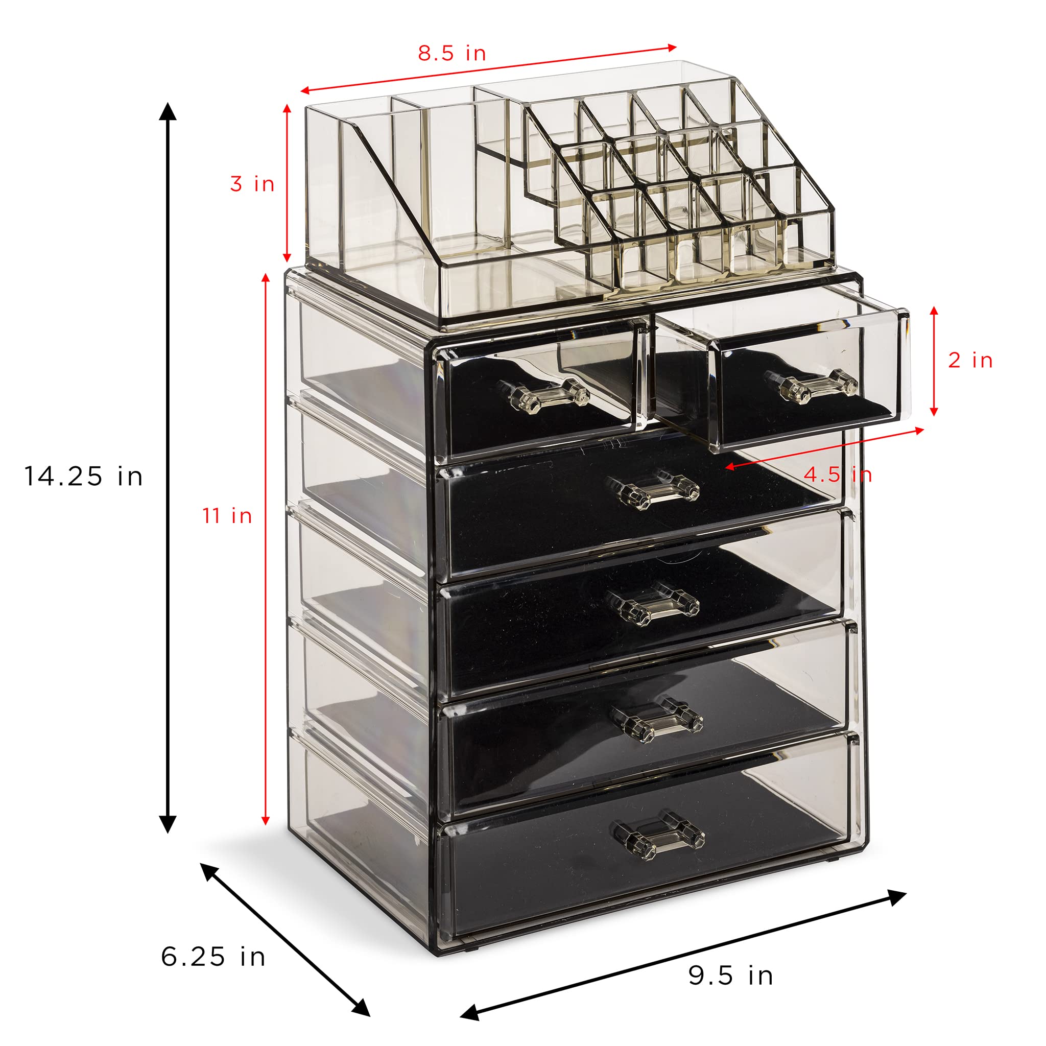 Sorbus Clear Acrylic Cosmetic Makeup Organizer with 4 Large & 2 Small Drawers - Jewelry Storage Case & Vanity Display for Dresser, Bathroom Countertop - Perfect for Makeup Brushes, Lipsticks, Rings & Earrings Organization (Black Jewel)