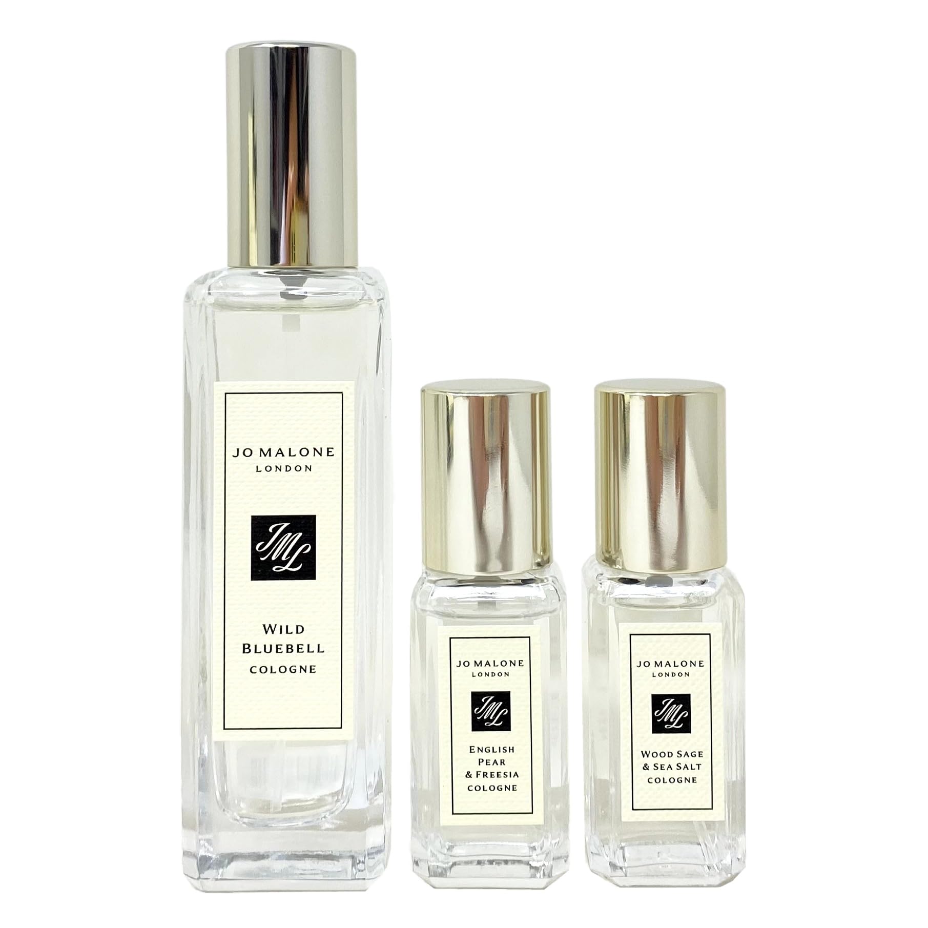 Jo Malone London Cologne Travel Trio Set - Wild Bluebell, English Pear & Freesia, Wood Sage & Sea Salt - 3 x 9ml Travel Size Perfume Spray - Perfect for Vacation, Gifts & Everyday Luxury