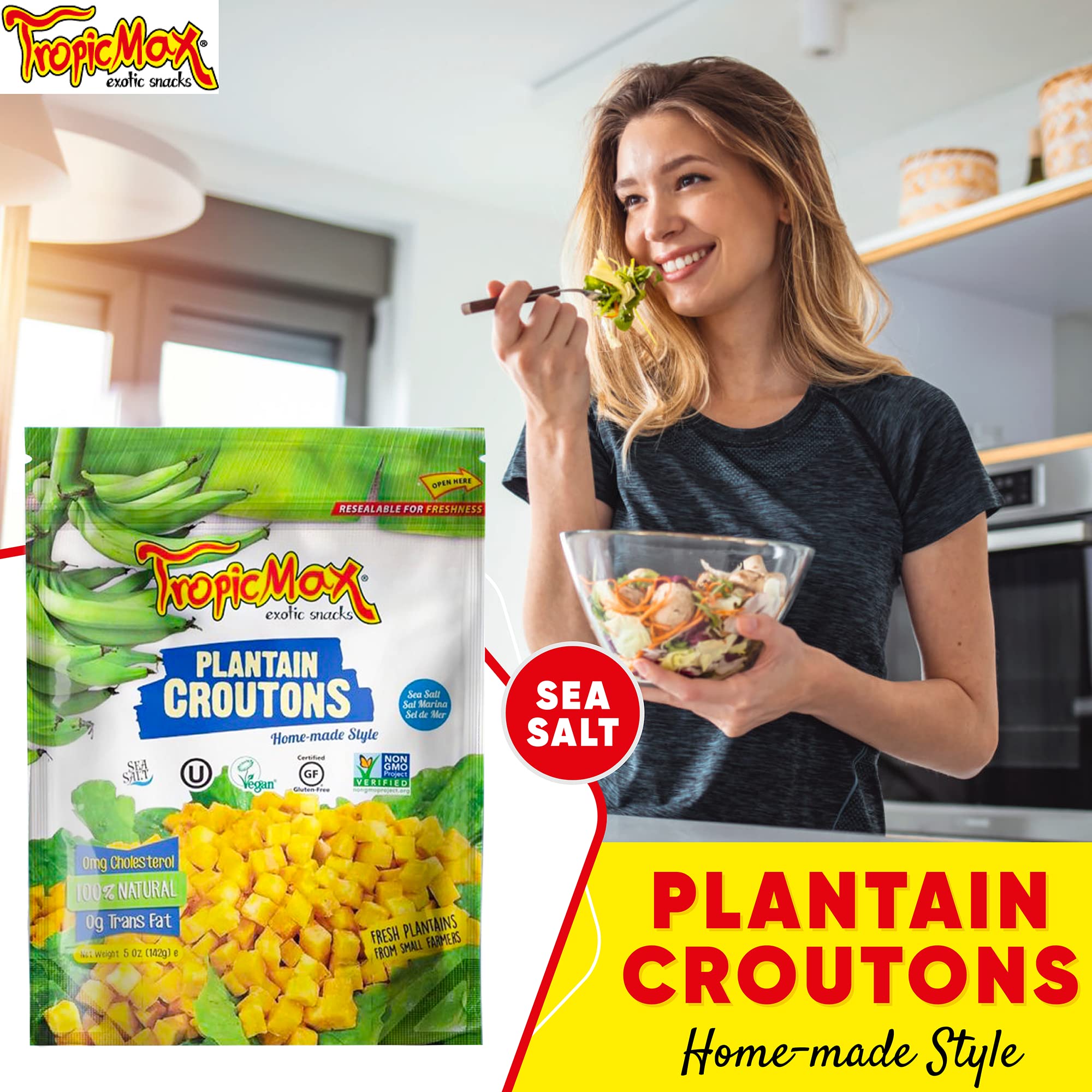 TropicMax Organic Sea Salt Plantain Croutons Chips - Gluten-Free, Vegan, Non-GMO, Kosher Certified Healthy Snacks - Kettle Cooked Green Plantain Chips in Individual Bags (3 Packs) - Perfect for Lunchboxes, Office Snacks, and Keto Diet