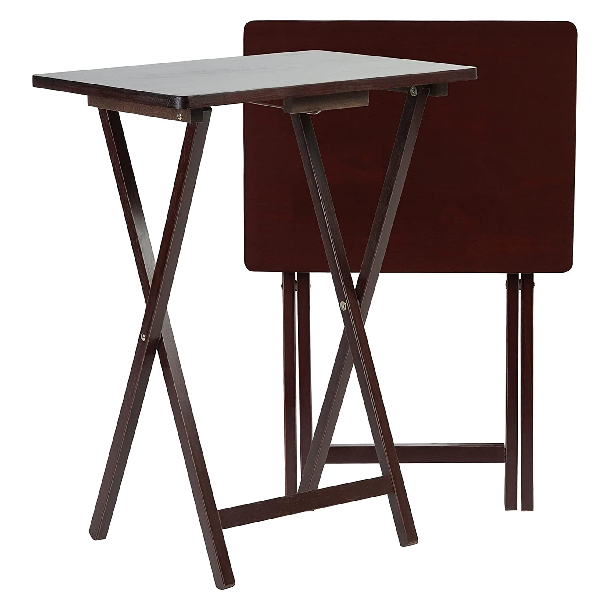 PJ Wood Solid & Sturdy Portable Folding TV Tray Table - Espresso Brown Wooden Snack Desk Serving Stand (8-Piece Set) - Perfect for Living Room, Bedroom, Office & Outdoor Use