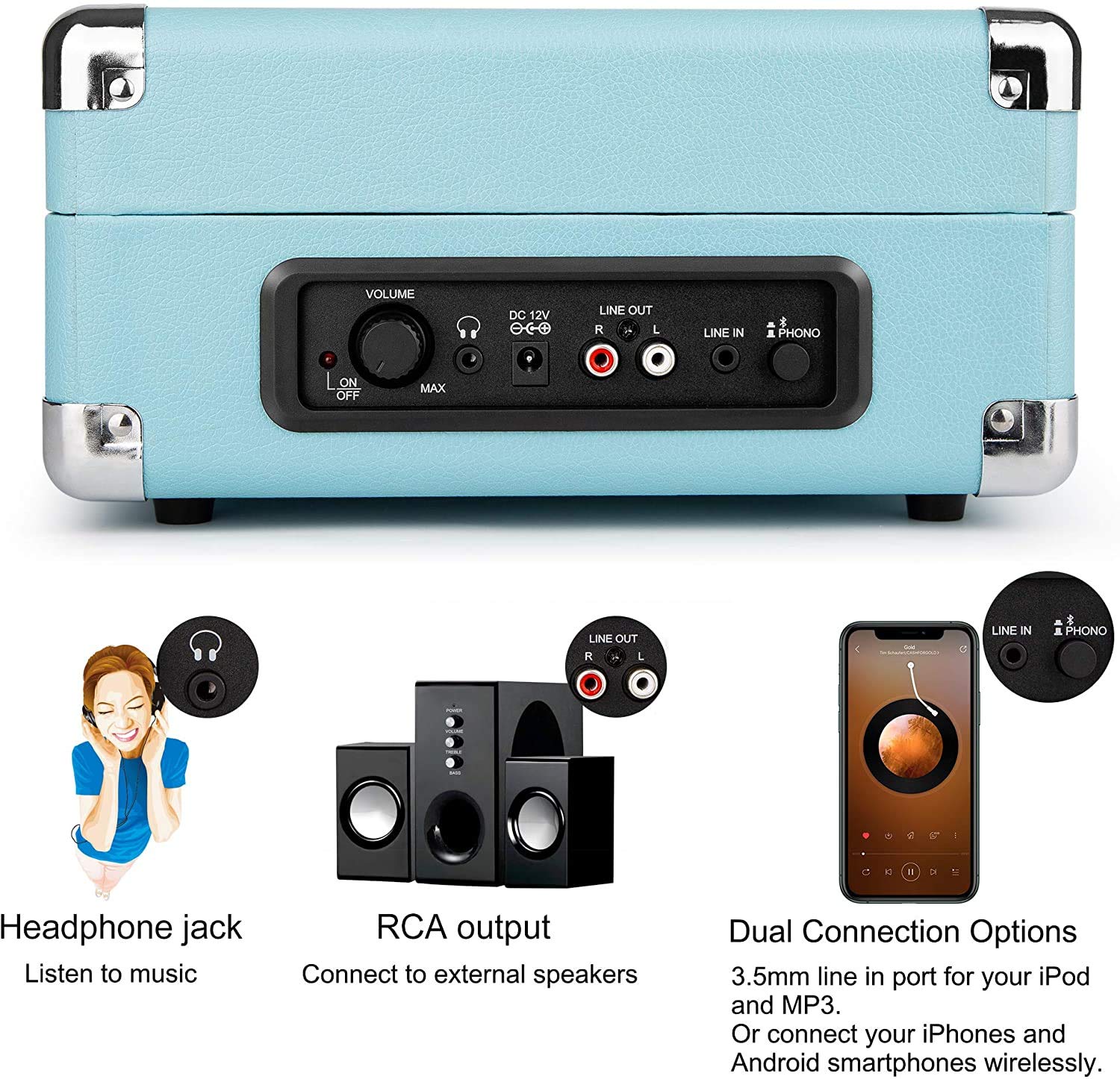 1 BY ONE Belt-Drive Bluetooth Record Player - 3-Speed Portable Vinyl Turntable with Built-in Speakers, RCA Output & Headphone Jack, MP3 & Mobile Phone Music Playback, Turquoise - Perfect for Home, Office, and Party Use