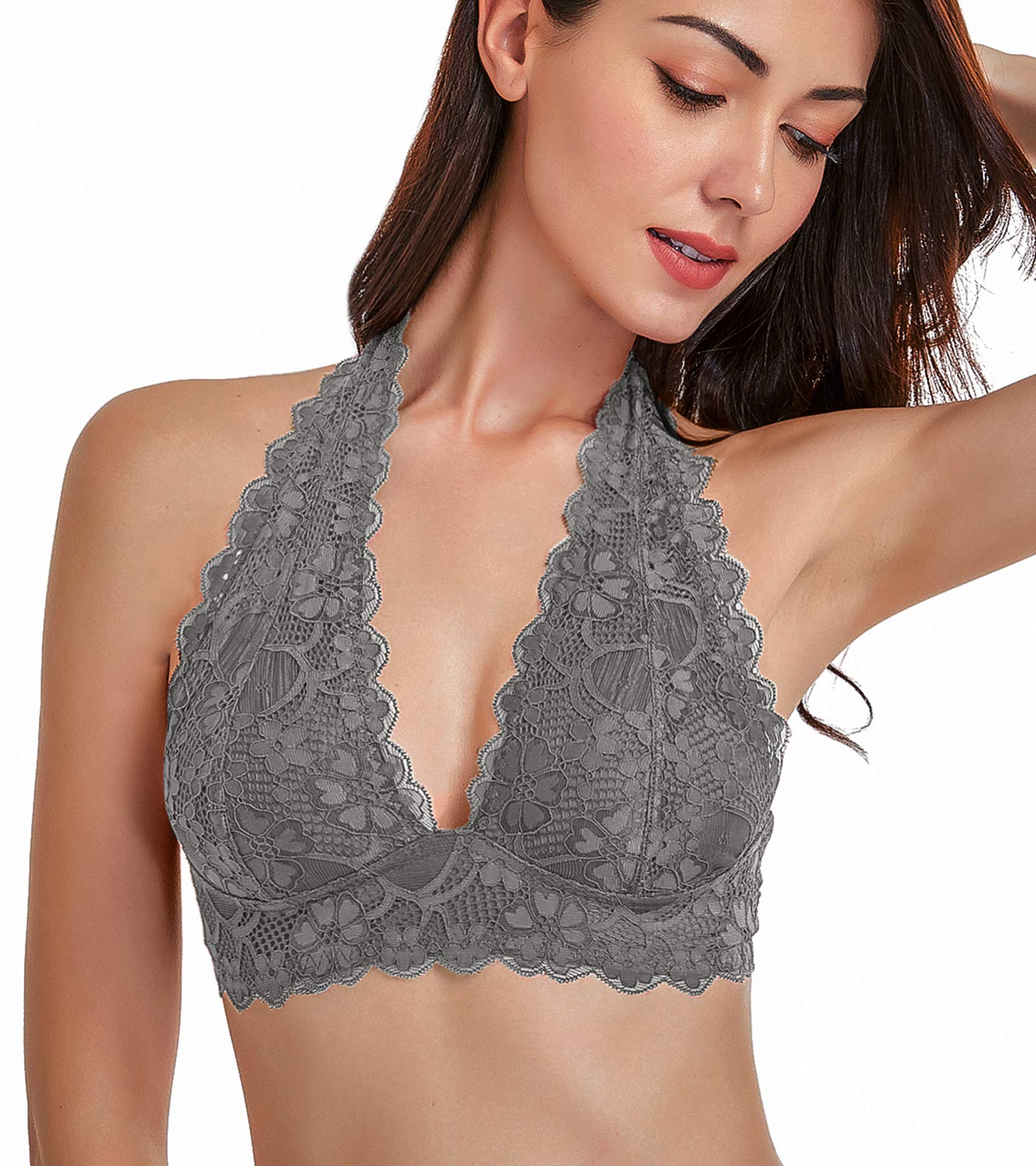 DotVol Women's Floral Lace Halter Bralette - V Neck Wirefree Unpadded Bustier Top for Summer, Beach, Layering & Casual Wear