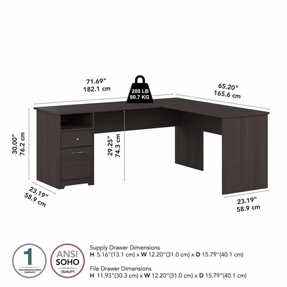 Bush Furniture L Shaped Desk with Drawers - Executive & Home Office Corner Computer Desk | Cabot Collection Storage Table with Chrome Hardware | 72W x 23D x 42H | Perfect for Small Spaces, Gaming Setup & Remote Work