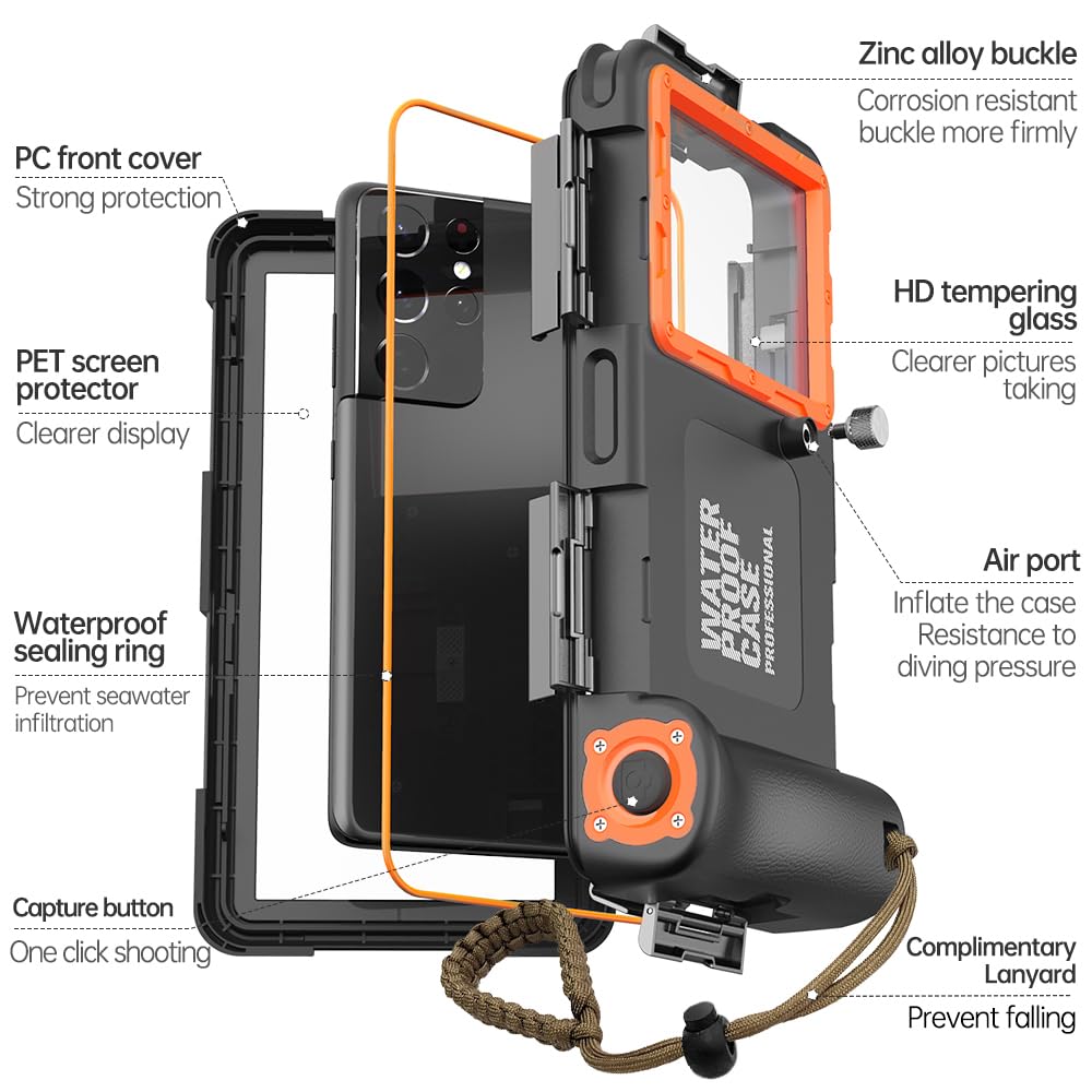 **Waterproof Phone Case for iPhone 16/15/14/13/12/11 Pro Max & Samsung Galaxy S25/S24/S23/S22 – 50ft/15m Deep Underwater Diving & Snorkeling Protection – Shockproof & HD Photo/Video Cover (Orange) – Perfect for Beach, Pool & Water Sports**