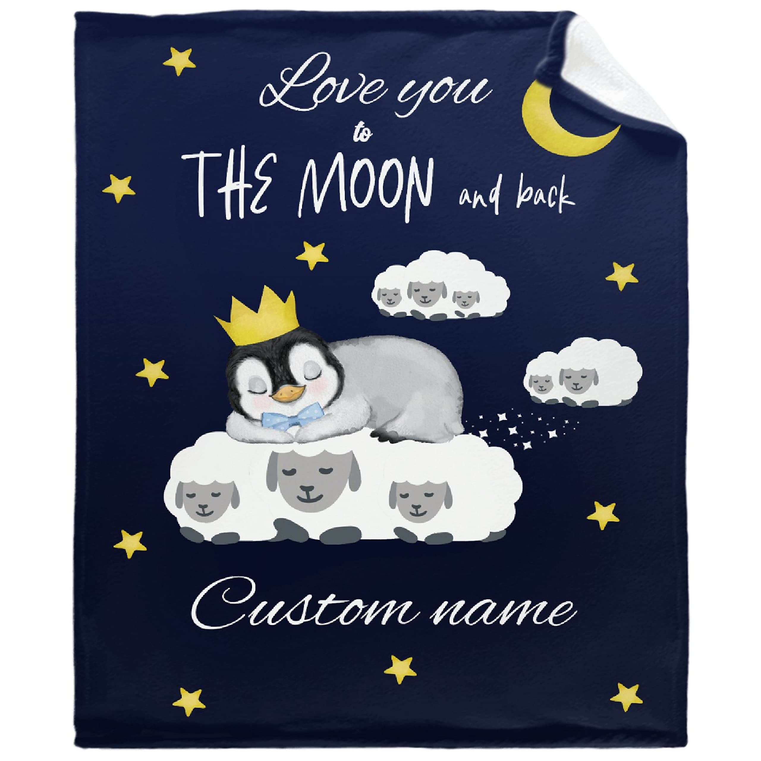 Personalized Baby Blankets for Girls & Boys - Custom Name Embroidered Penguin & Cute Sheep Moon Design - Soft Cozy Fleece Throw Blanket for Newborns, Nursery, Crib & Family Bed - XL Size for Ultimate Comfort & Warmth