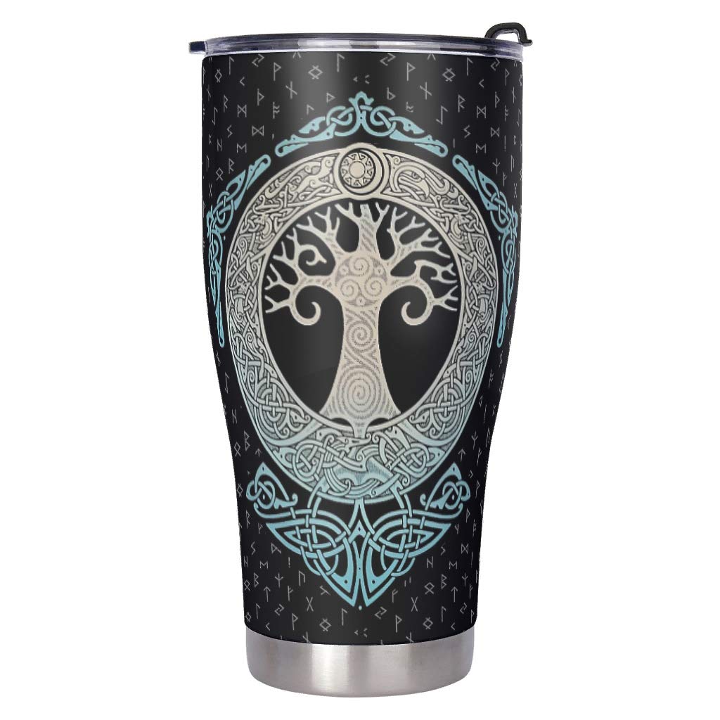 30oz Stainless Steel Tumbler with Lid - Double Wall Vacuum Insulated Travel Mug for Coffee & Water - Viking Tree of Life Design - Keeps Drinks Hot/Cold for Hours - Perfect for Office, Camping & Gym Use