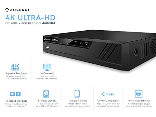 Amcrest 16CH 8-Port PoE NVR Network Video Recorder - Supports 16 x 4K IP Cameras (720p/1080p/3MP/4MP/5MP/6MP/8MP/4K), 6TB HDD Compatible (Renewed) - Ideal for Home Security & Business Surveillance Systems