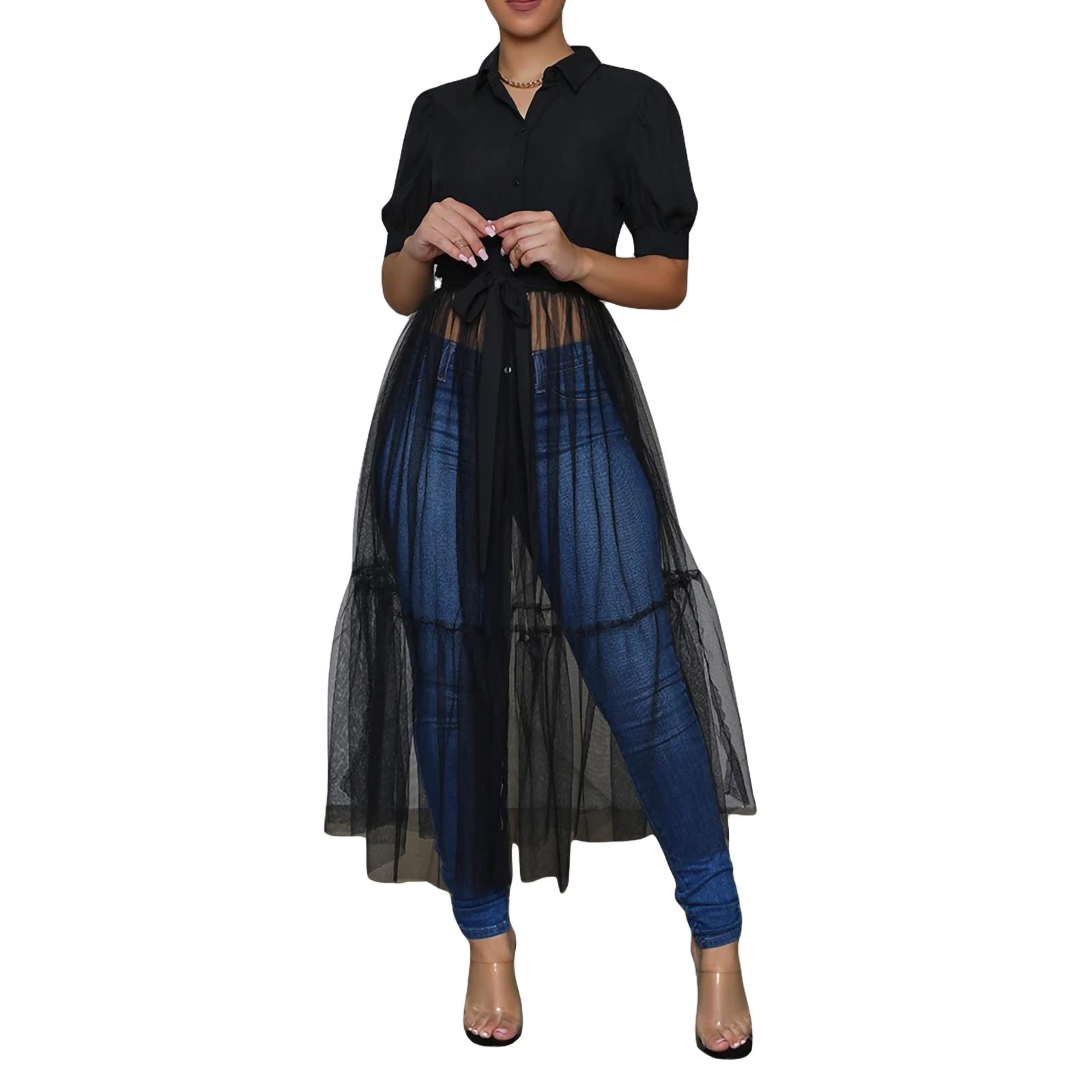 Elegant Women's Tulle Shirt Dress with Short Sleeves & Button Down Design - Mesh Patchwork, Ruched Waist & Belted Maxi Dress for Clubwear, Party & Special Occasions