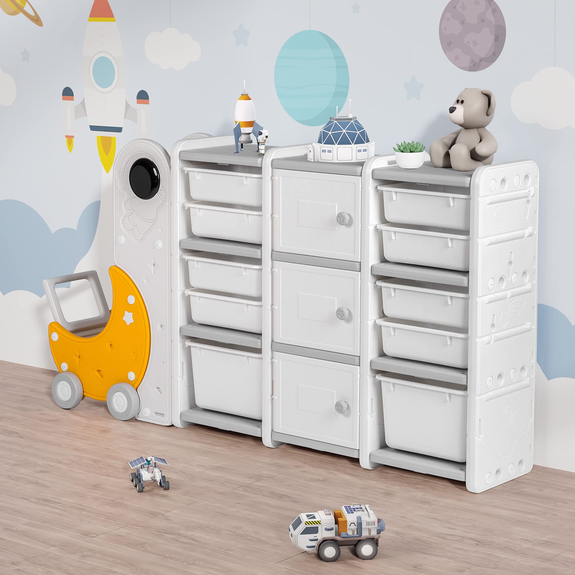 Duke Baby Kids 3-Layer Toy Storage Organizer with 10 Bins, 3 Cabinets with Doors & Bookshelves - Toy Cart for Playroom & Bedroom Organization (Ages 1-12) - Perfect for Kids' Room, Nursery, and Daycare Storage Solutions