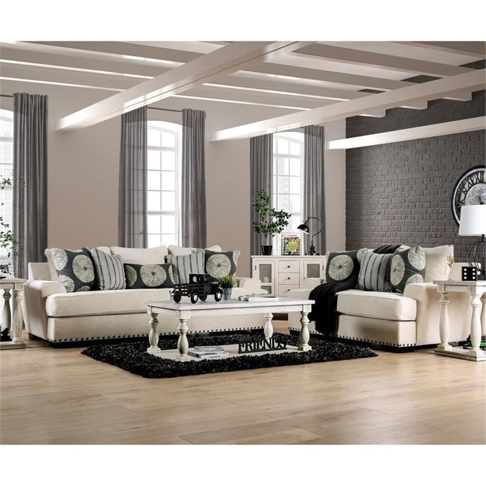 Furniture of America Mystie Chenille Loveseat with Nailhead Trim in Ivory - Comfortable Small Sofa for Living Room, Apartment & Cozy Spaces