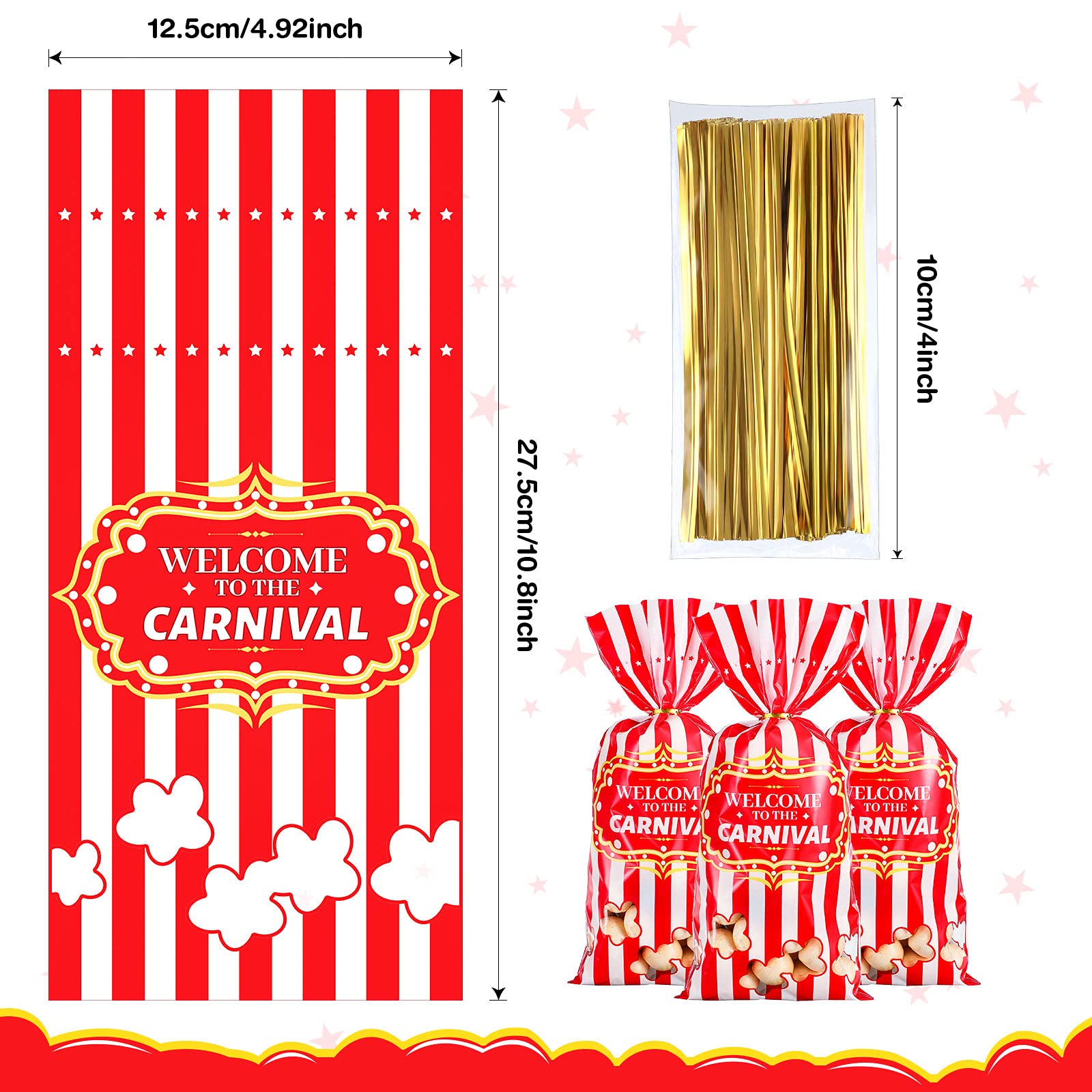 Epakh Carnival Candy Bags - 200 Pack Circus-Themed Plastic Party Favor Bags with Popcorn Pattern & Gold Twisted Ties for Halloween, Birthday Parties, Baby Showers & Wedding Favors - Perfect for Treats, Cookies & Cupcakes