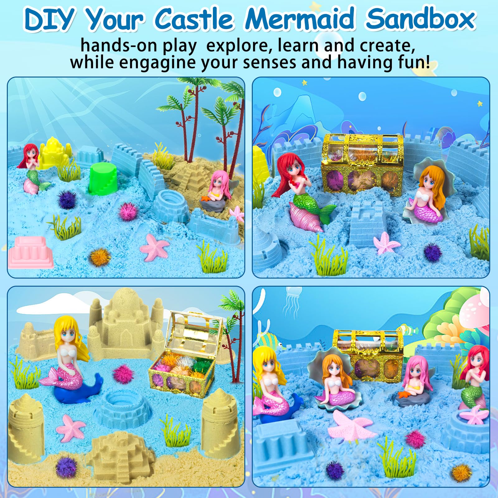 Mermaid Sensory Bin Sandbox Toys for Toddlers & Kids - 2.2 lbs Play Sand Kit with Castle Mold, Mermaid Toys for Girls - Perfect Christmas Birthday Gift for Toddler Girls (Great for Sensory Play, Beach Themed Parties & Preschool Learning Activities)