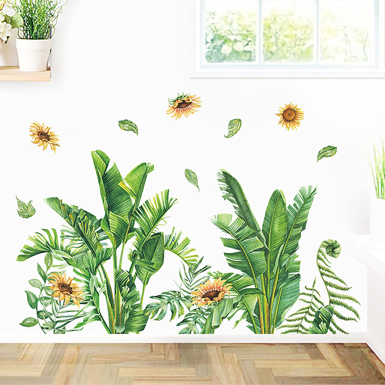Tropical Leaves & Sunflower Removable Wall Decals - Peel and Stick Vinyl Wall Stickers for Living Room, Kids Room, Bedroom & Playroom Decor - Perfect for Nursery, Dorm, Office & Home Interior Design
