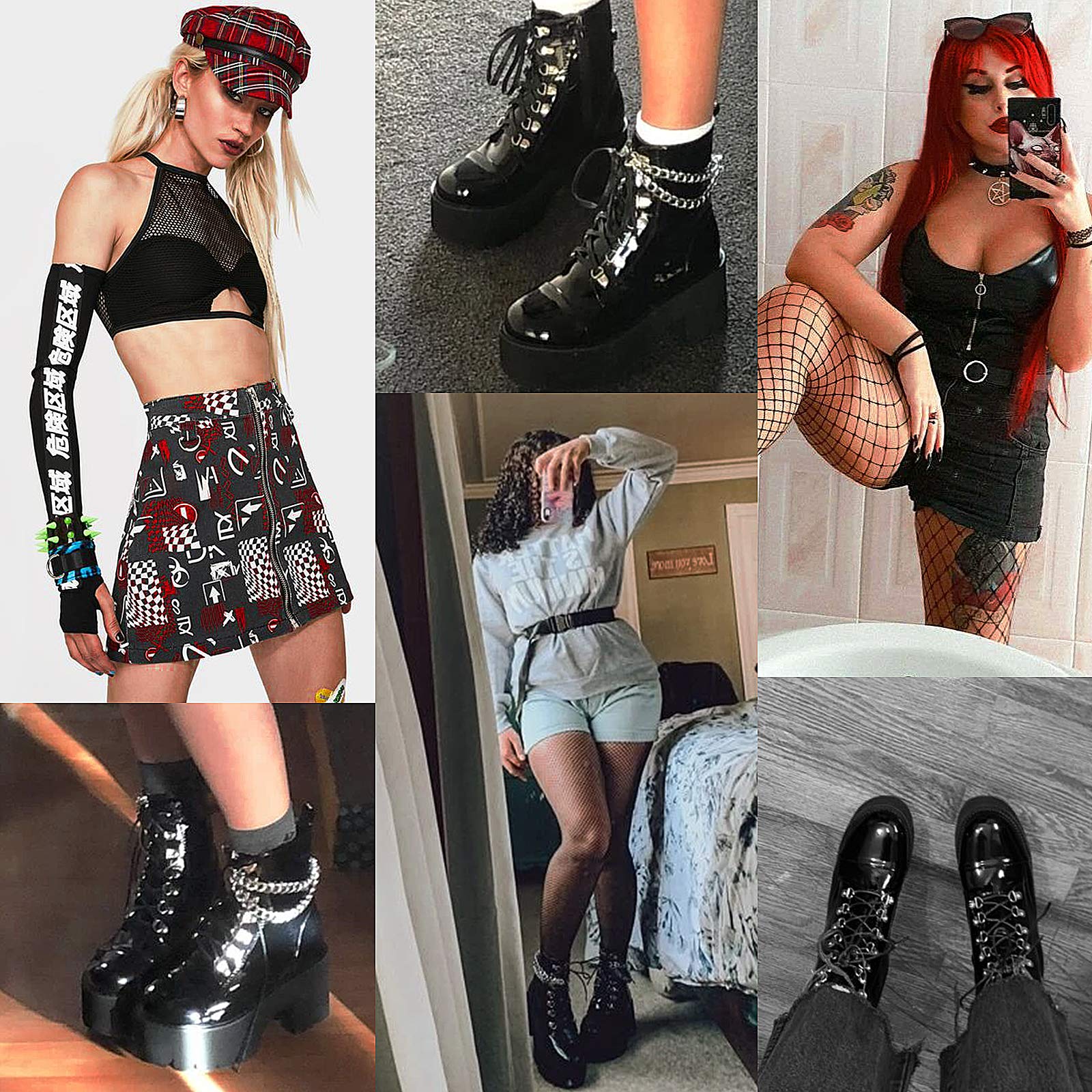 Erocalli Women's Fashion Block Heel Platform Combat Boots - Lace Up Studded Ankle Booties with Chain Detail for Motorcycle & Goth Style | Perfect for Night Out, Concert & Edgy Streetwear Looks