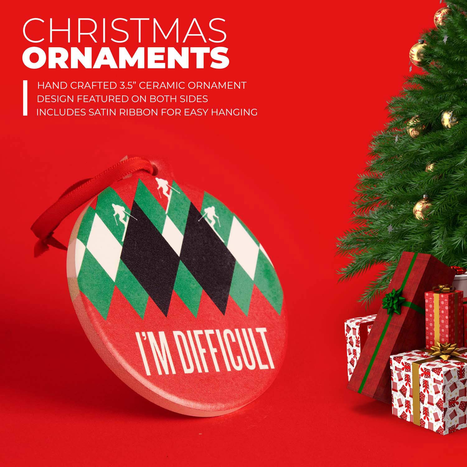 Handmade Ceramic Skiing Christmas Ornament - 'I'm Difficult' Funny Holiday Decoration for Tree, Gift & Winter Home Decor