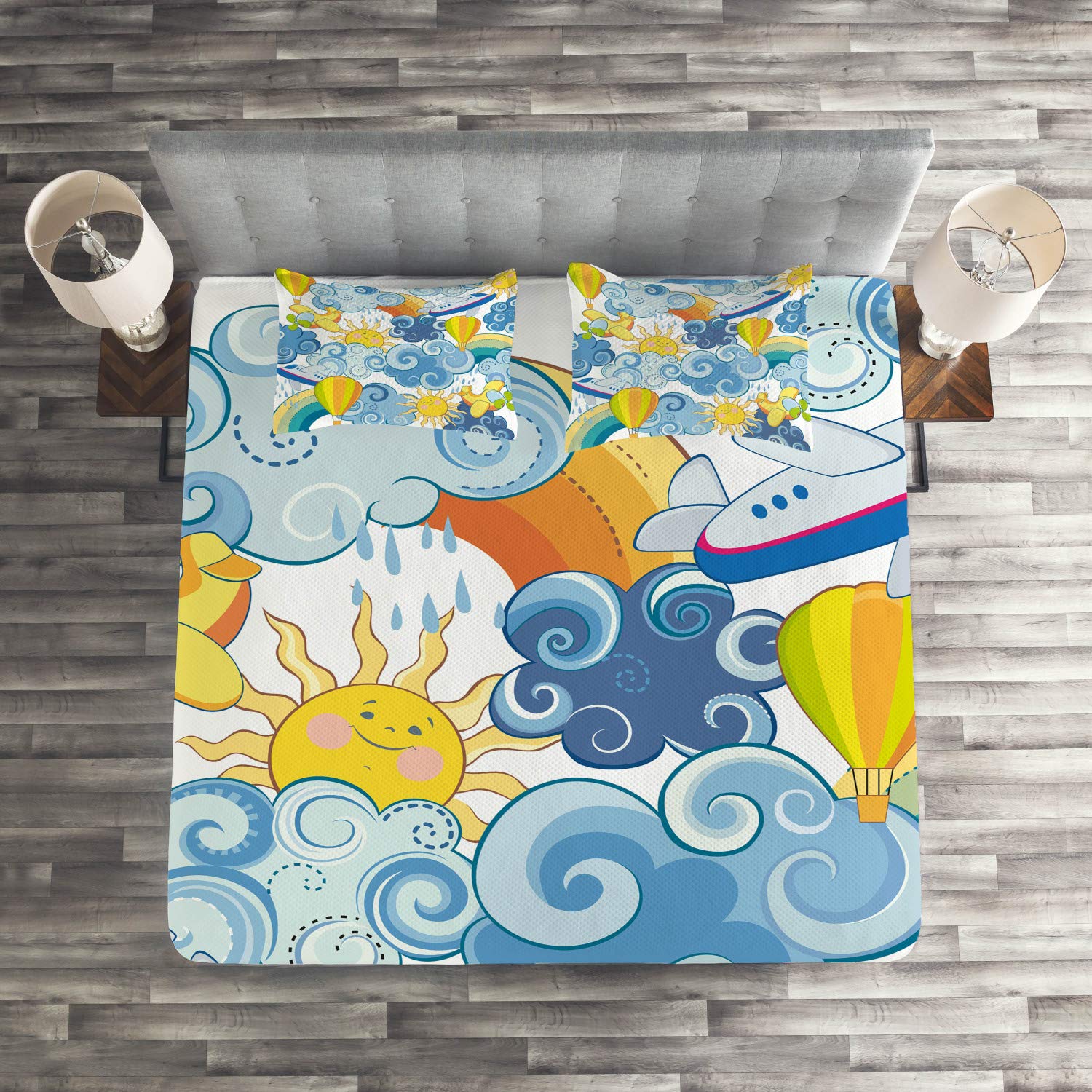 Ambesonne Sky Coverlet - 3 Piece King Size Quilted Bedspread Set with 2 Pillow Shams, Children's Cloud & Sun Design with Airplanes & Balloons in Yellow & Pale Blue - Perfect for Kids' Bedrooms, Nursery Decor & Cozy Bedding