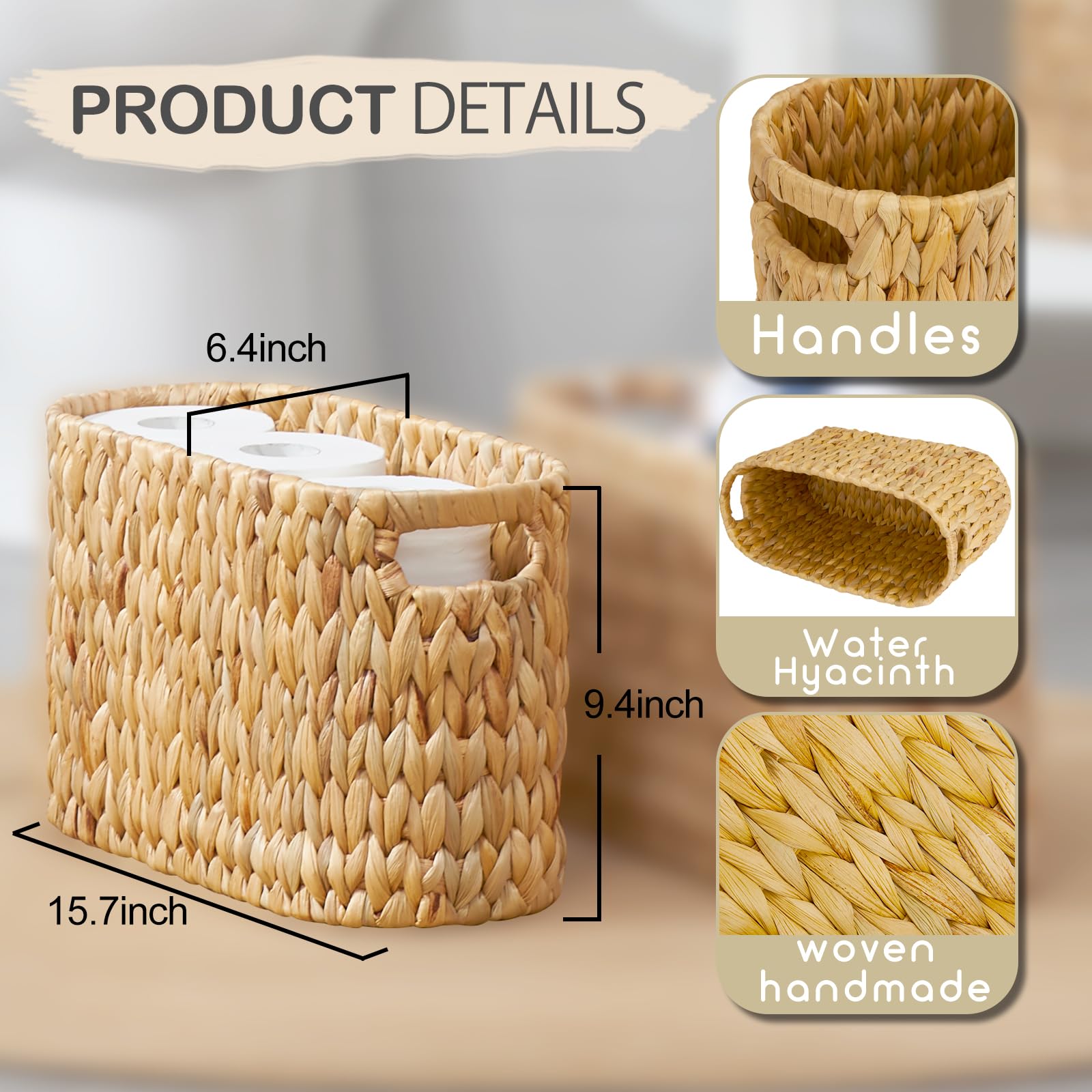 ELONG HOME Water Hyacinth Wicker Toilet Paper Storage Holder - Holds 6 Rolls with Built-in Handles | Bathroom Organizer for Toilet Paper Storage | Perfect for Bathroom, Vanity, and Guest Room Organization