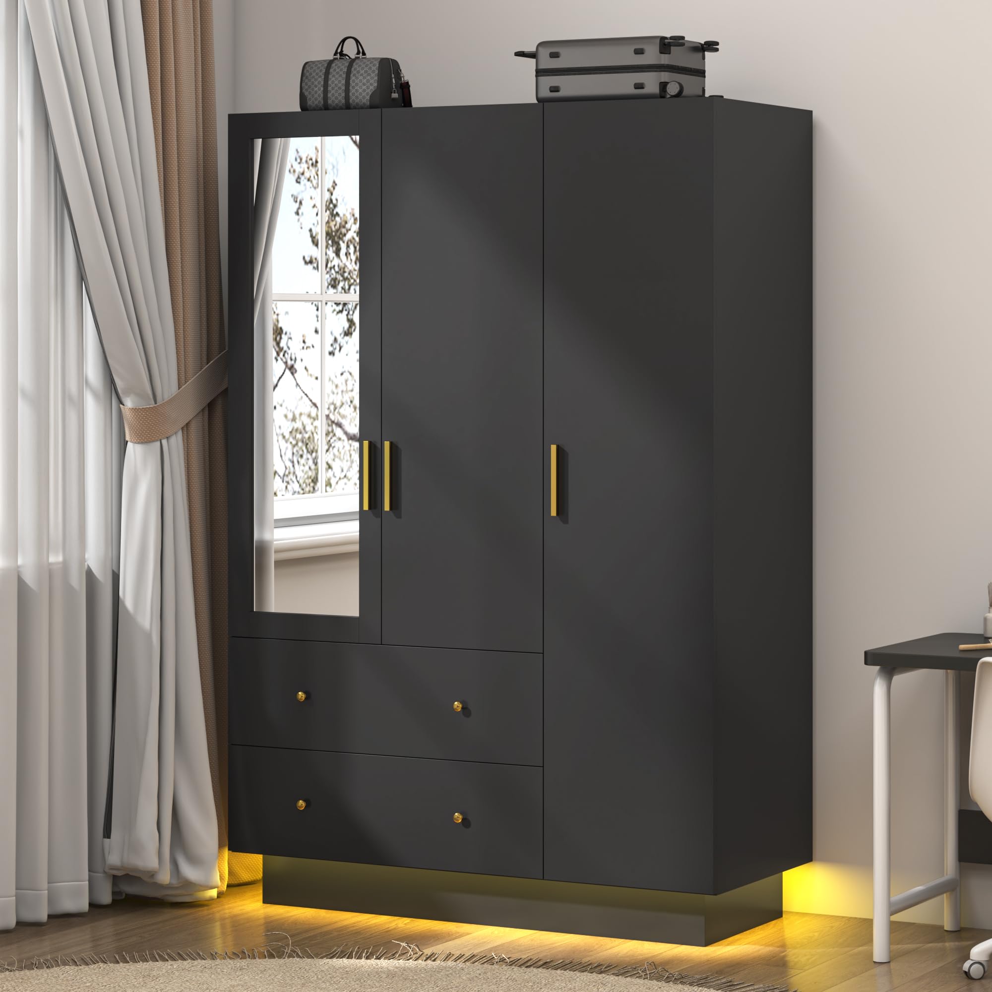 Modern 3-Door Wardrobe Closet with Full-Length Mirror & LED Lights - Wooden Armoire with Drawers, Shelves & Hanging Rod - Black Bedroom Storage Solution for Clothes, Shoes & Accessories | Perfect for Master Bedroom, Guest Room or Dorm Organization