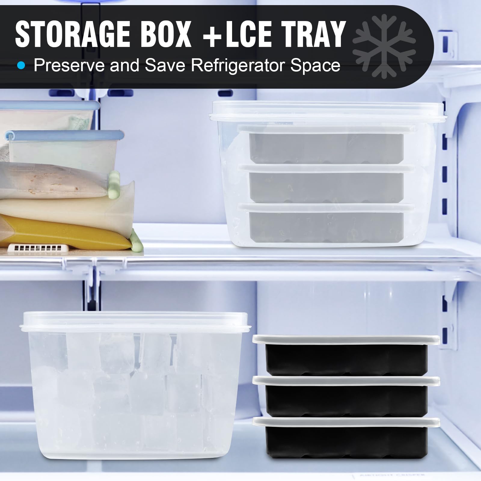 Walfos 3-Pack Silicone Ice Cube Tray Set with Storage Bin & Lid - Easy Release Square Ice Molds for Freezer - Perfect for Cocktails, Iced Coffee, Whiskey & Cold Drinks - Includes Ice Tongs for Home Bars & Parties