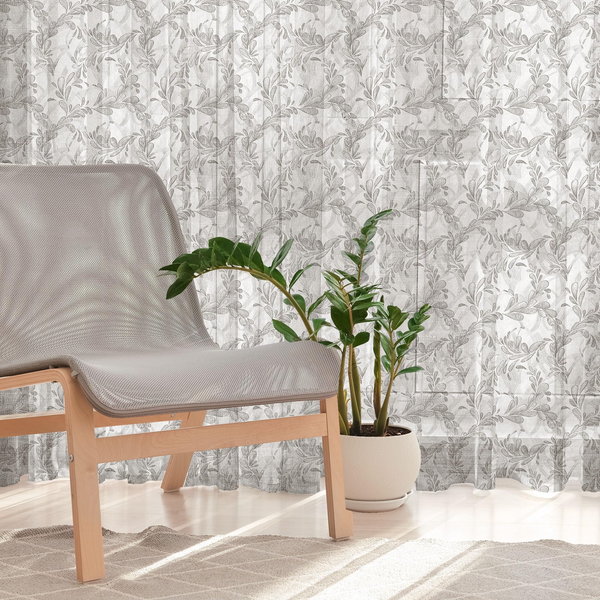 Ambesonne Grunge Tulle Curtains with Rod Pocket - Monochrome Line Art Leaves Floral Pattern, Modern Sheer Drapes for Living Room, Bedroom, Wedding (2 Panels, 108x84 Inches, White Black Grey) - Elegant Home Decor & Party Backdrop