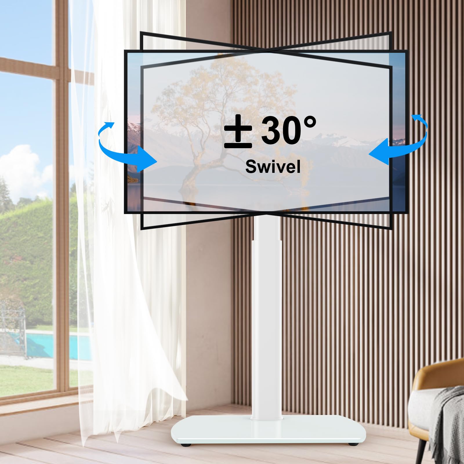Universal TV Stand for 27-65 Inch TVs - YOMT Swivel Mount Floor TV Stand with Height Adjustment for LED LCD OLED Flat/Curved Screens - Space Saving Narrow Design for Bedroom, Living Room or Small Spaces - White