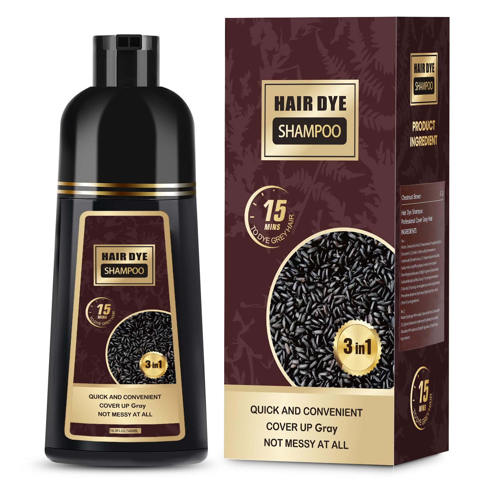 Dark Brown Hair Dye Shampoo - 3 in 1 Color Shampoo for Grey Coverage | Permanent Hair Color for Women & Men (500ml) | At-Home Hair Coloring Solution for Natural-Looking Results