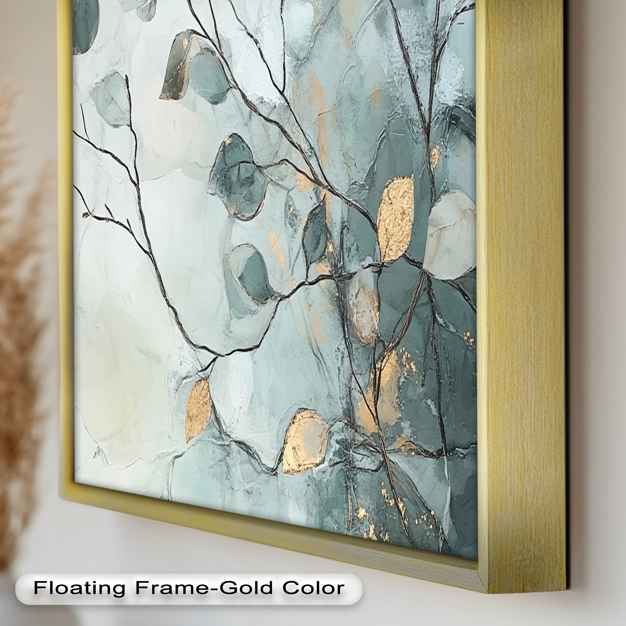 Blue and Metallic Leaf Branch Abstract Oil Painting - Handmade Canvas Wall Art for Living Room, Bedroom & Office Decor